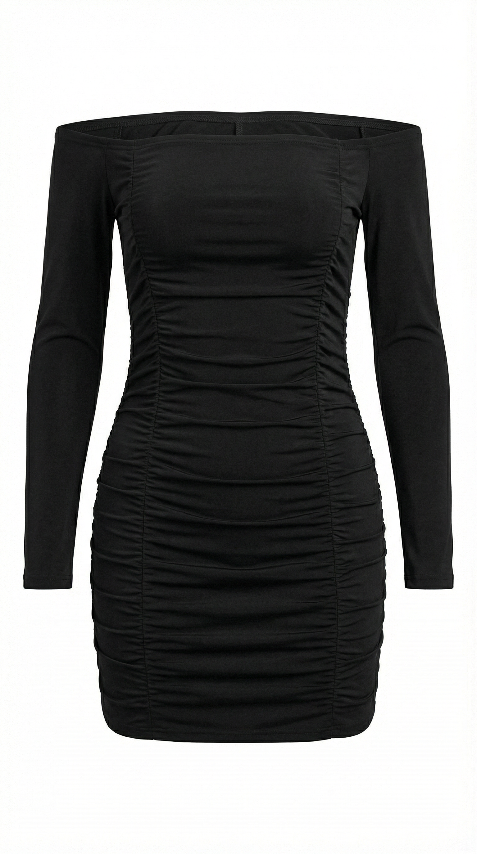 Omuz Dekolteli Büzgülü Siyah Mini Elbise