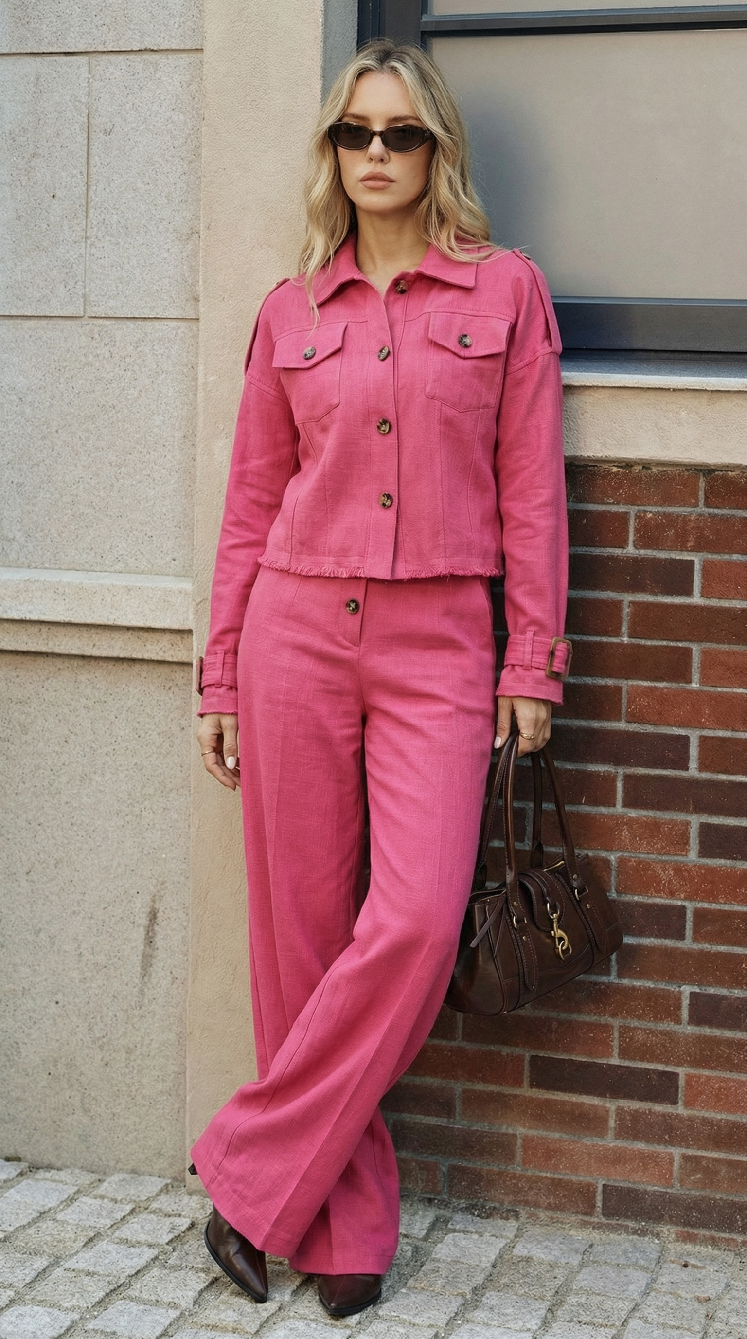 Fuşya Keten Püskül Detaylı Takım