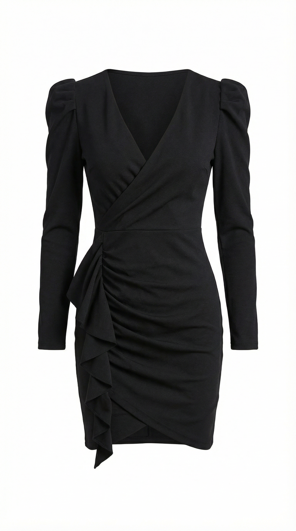 Kruvaze Yaka Drapeli Siyah Mini Elbise