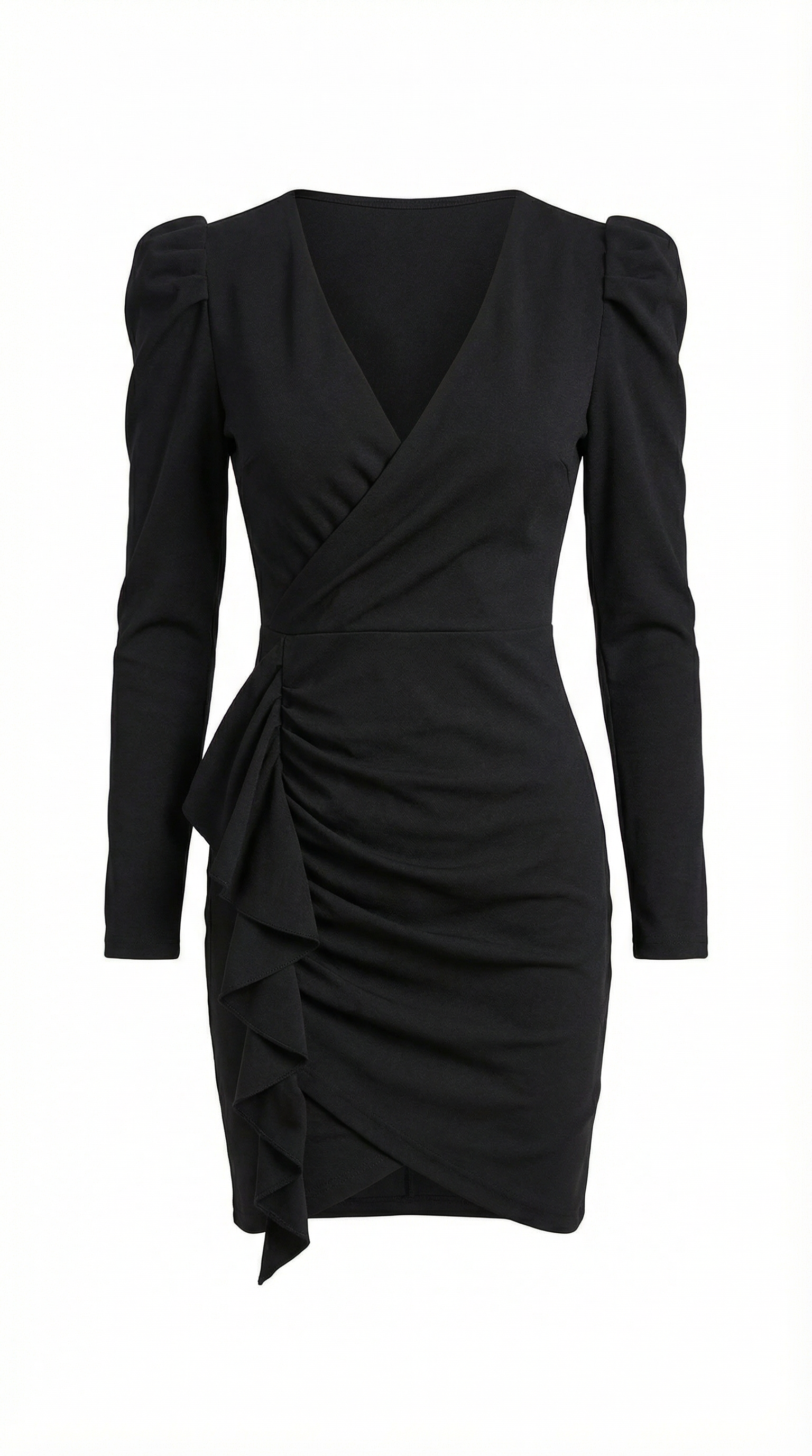 Kruvaze Yaka Drapeli Siyah Mini Elbise