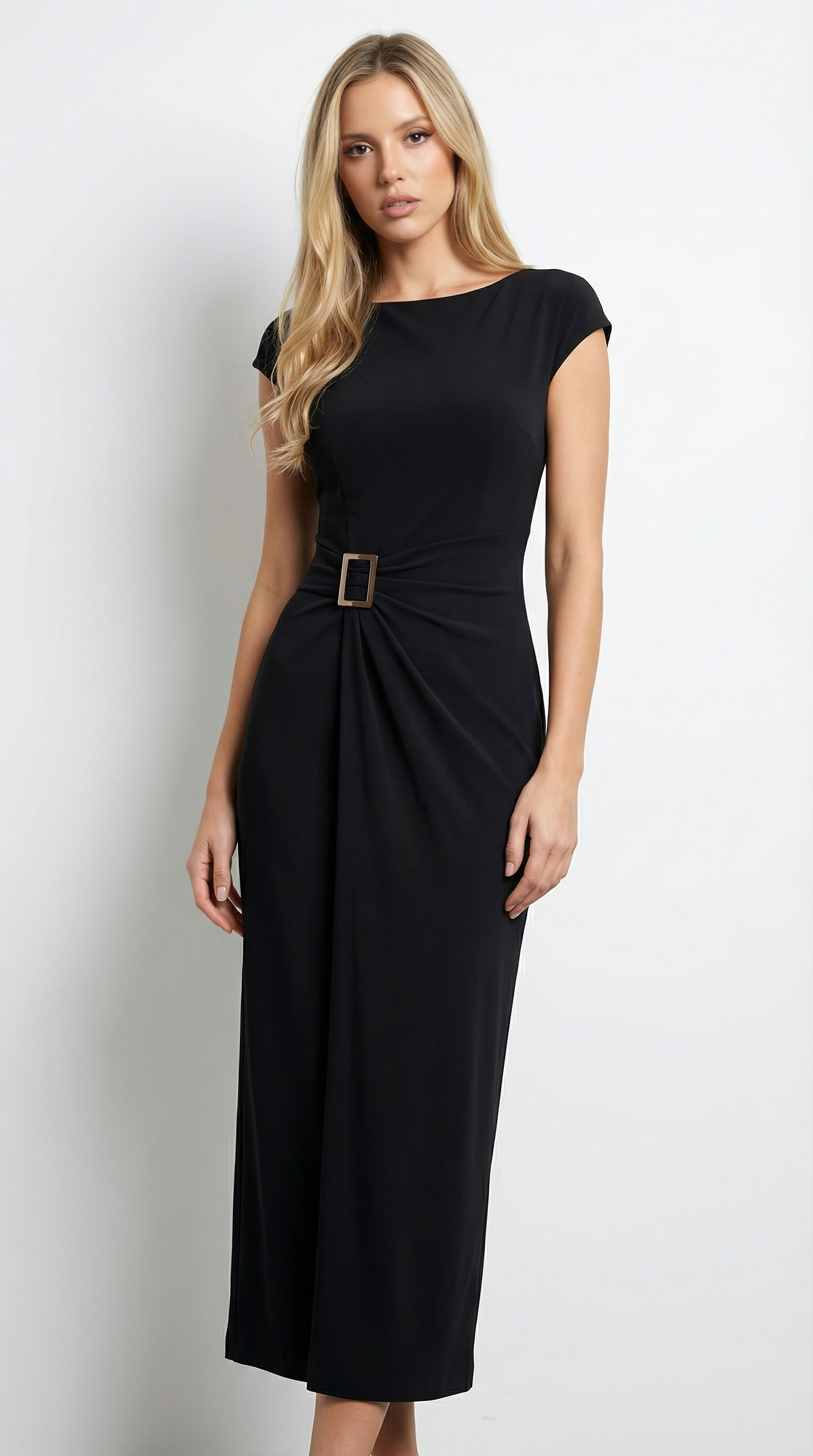 Metal Tokalı Siyah Sandy Midi Elbise