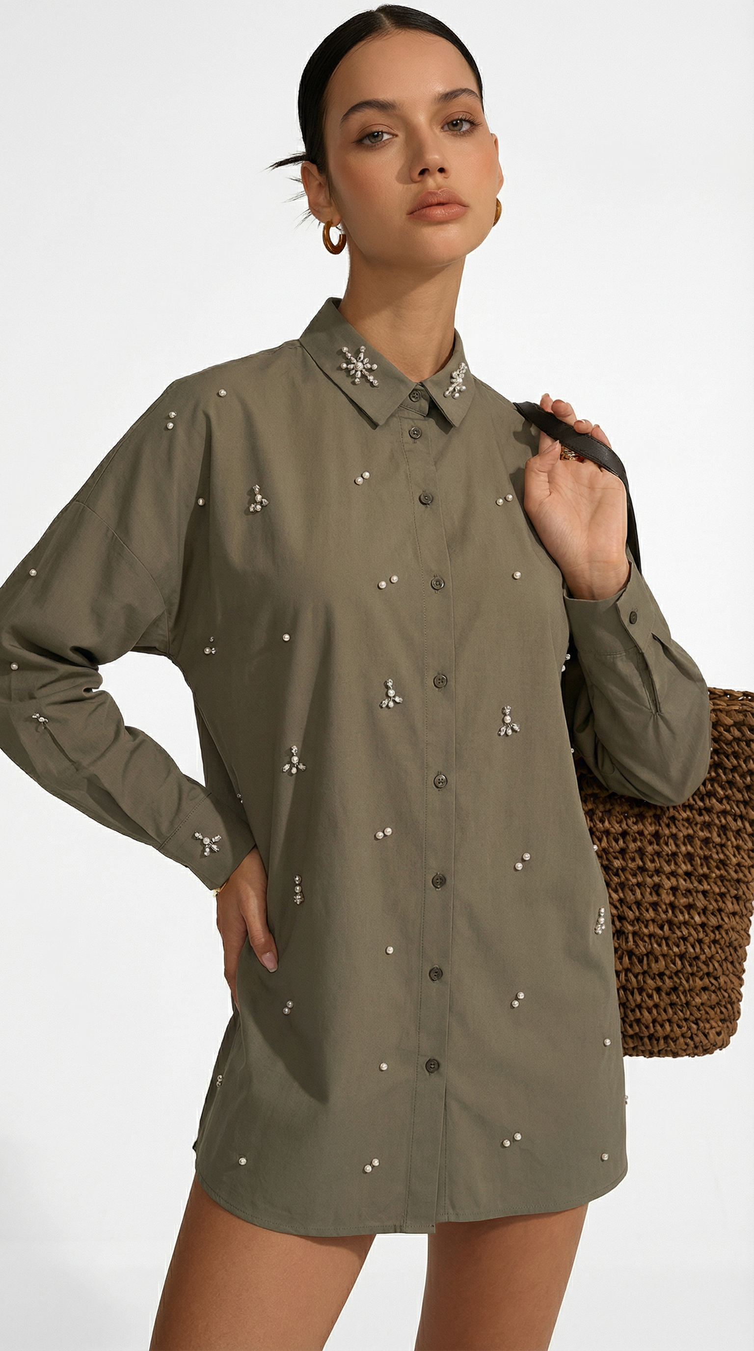 Boncuk İşlemeli Oversize Haki Gömlek