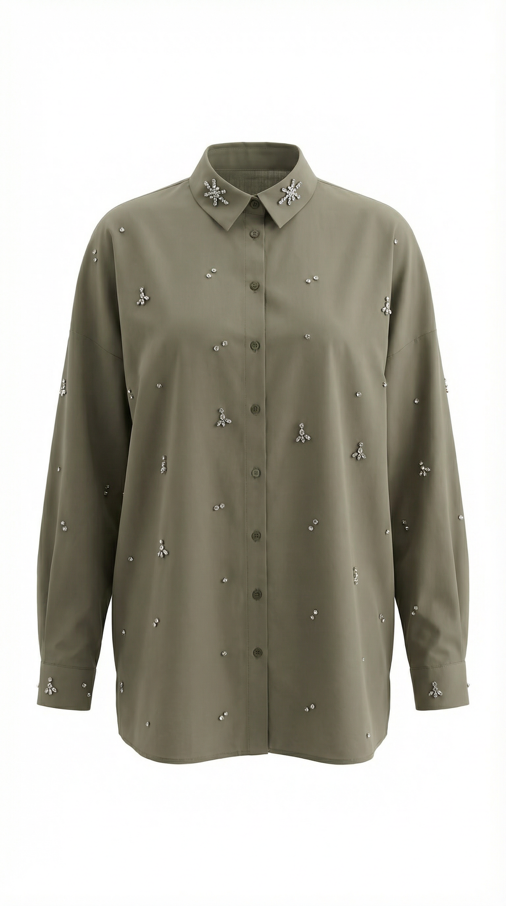 Boncuk İşlemeli Oversize Haki Gömlek