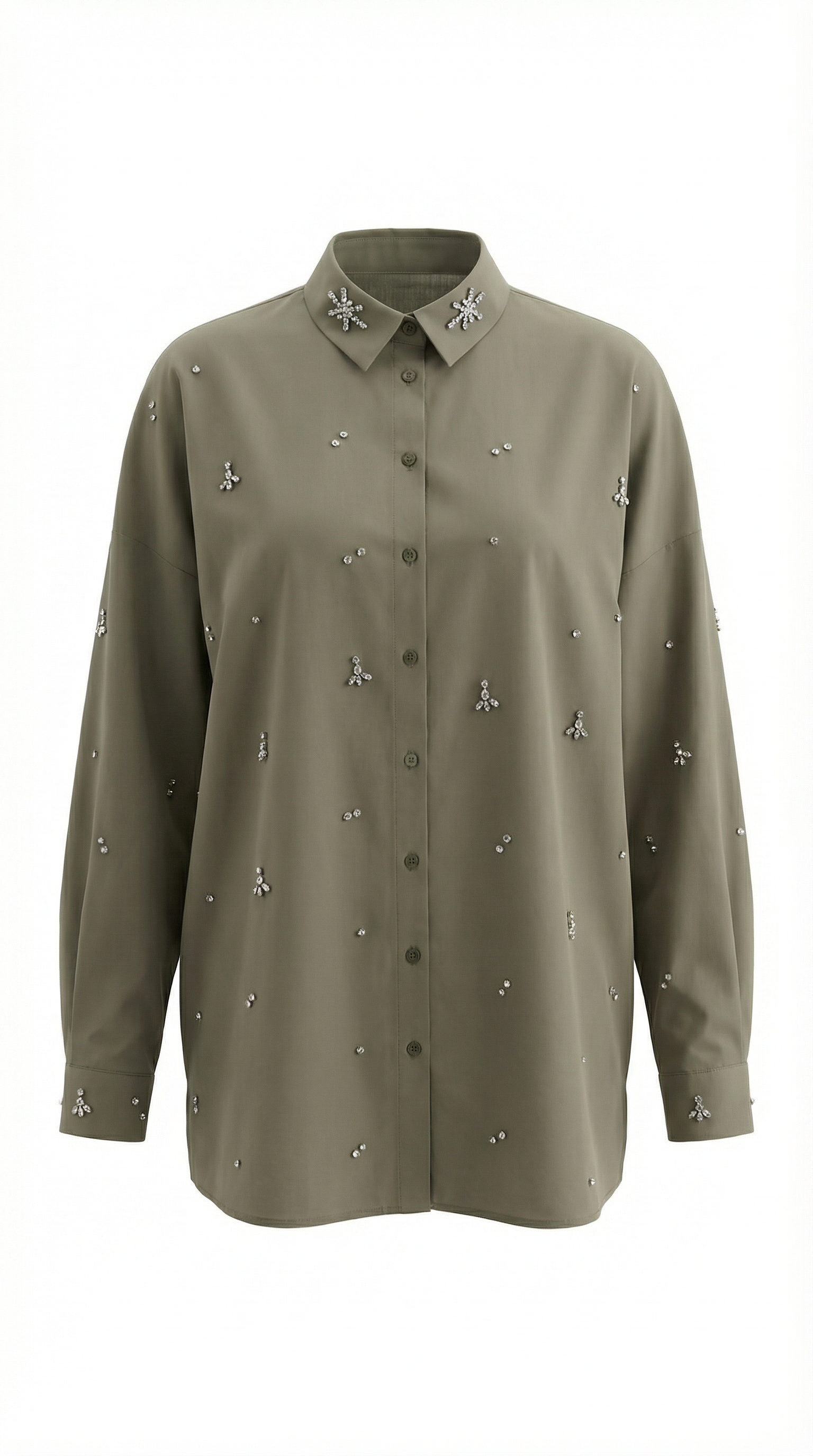 Boncuk İşlemeli Oversize Haki Gömlek