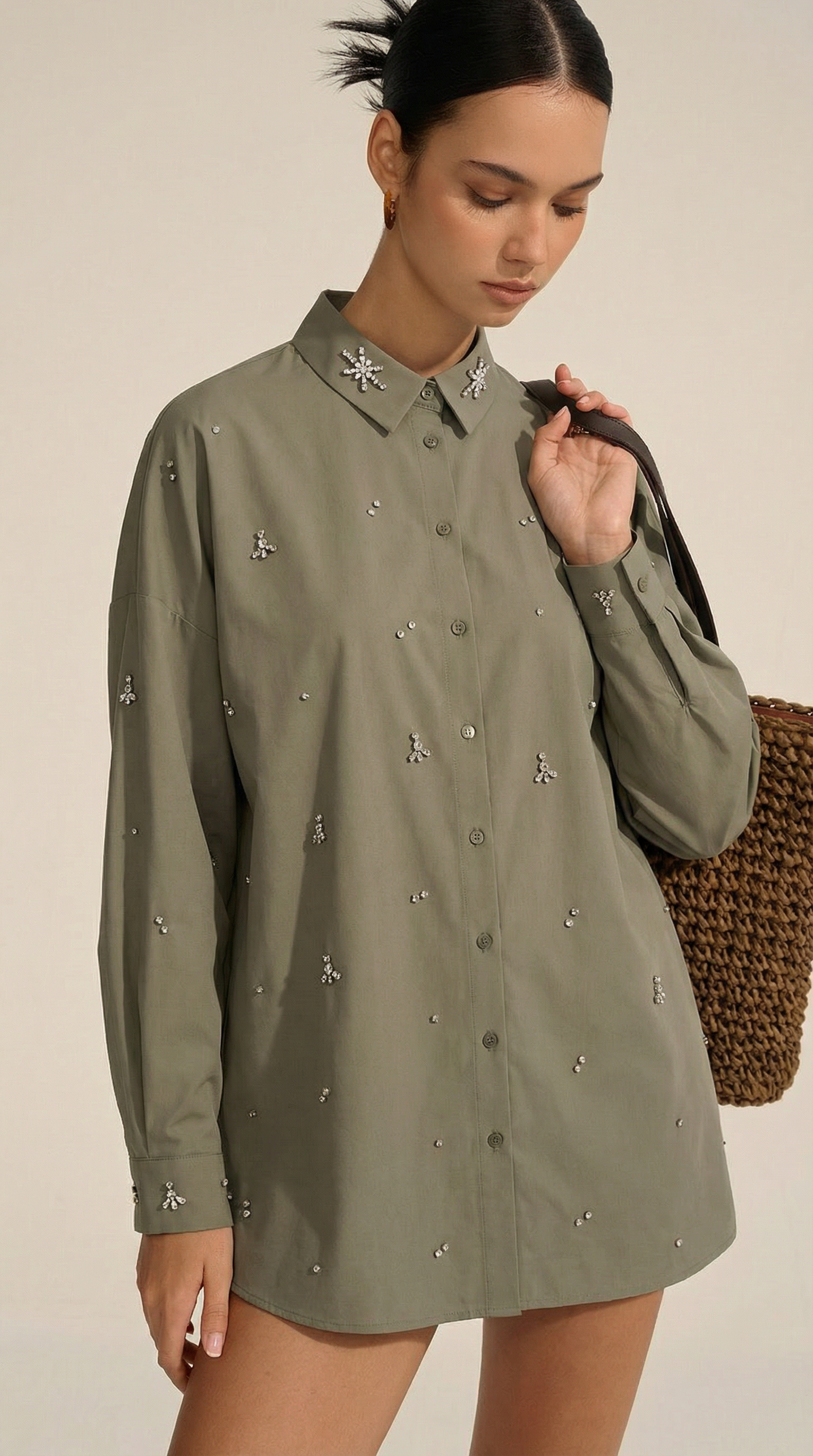 Boncuk İşlemeli Oversize Haki Gömlek
