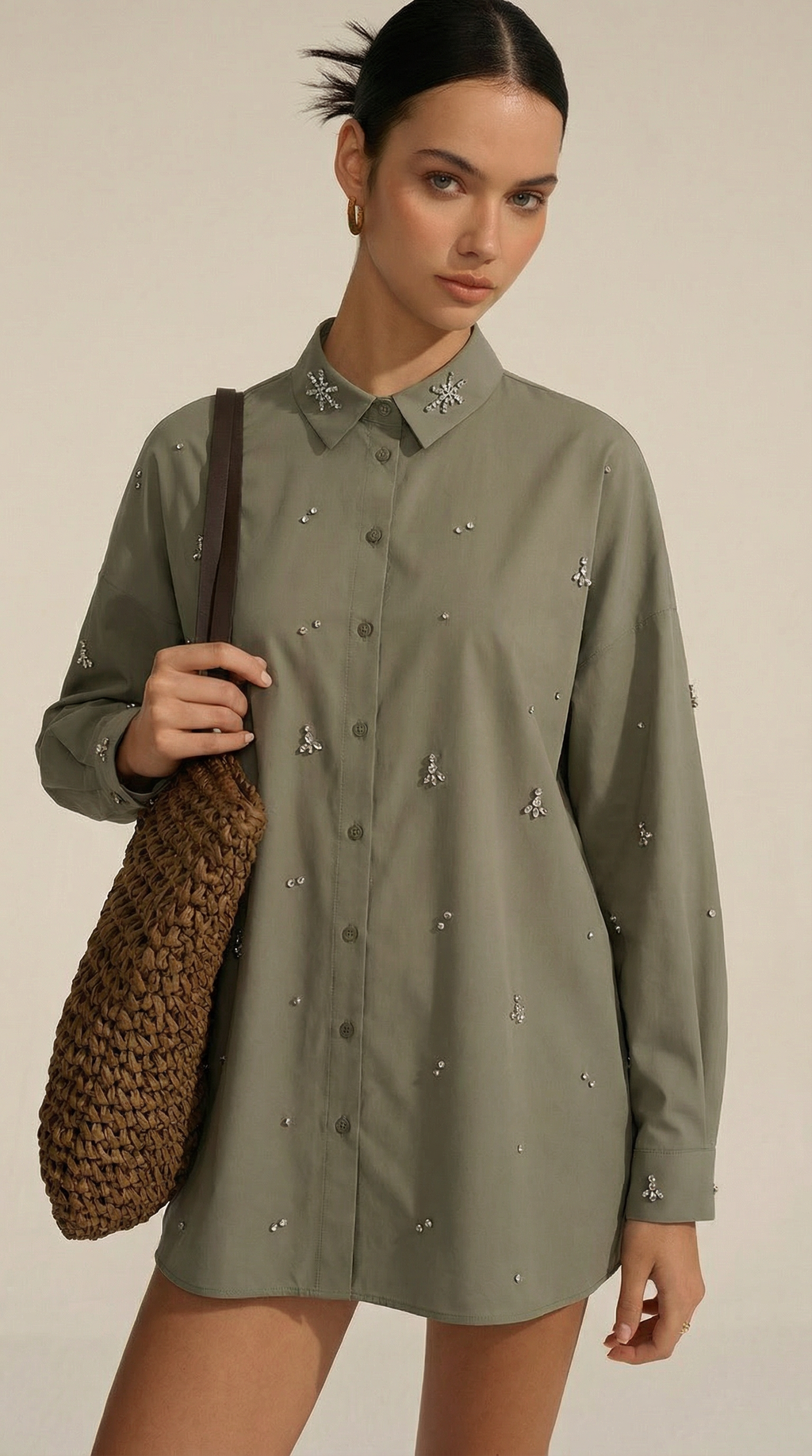 Boncuk İşlemeli Oversize Haki Gömlek