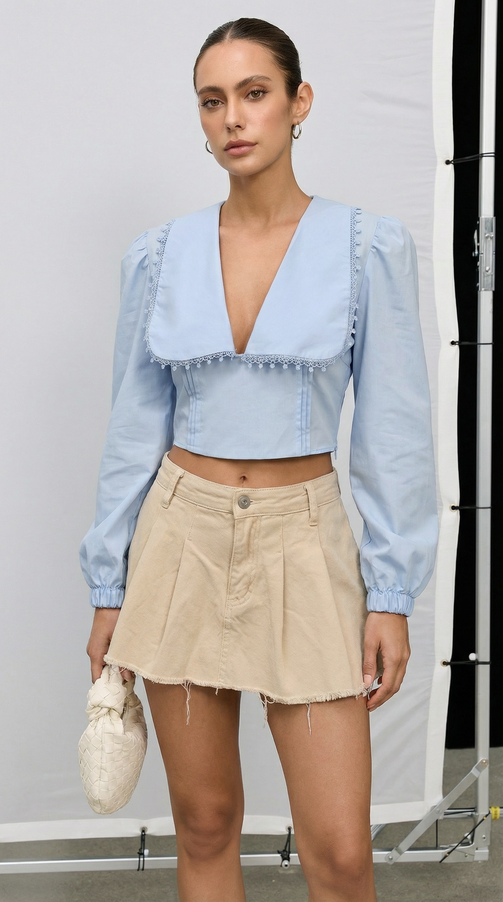 Dantel Yaka Detaylı Bebe Mavi Crop Gömlek