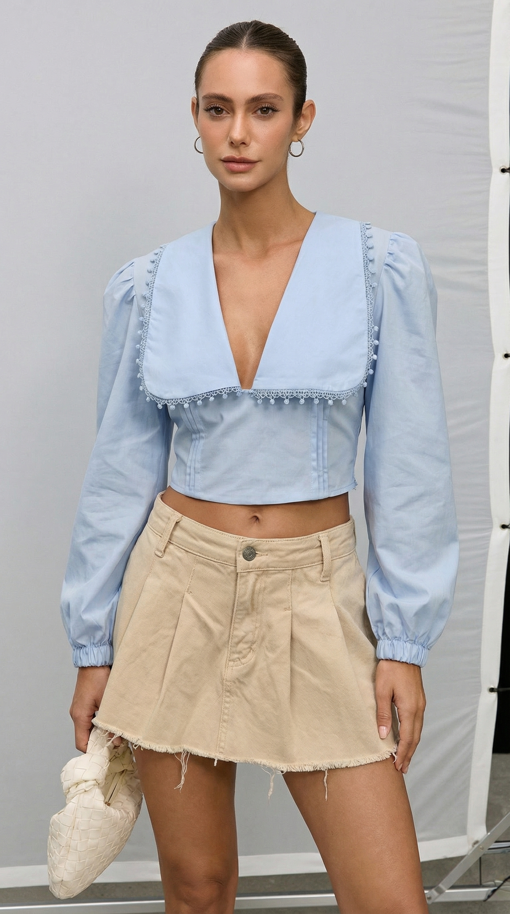 Dantel Yaka Detaylı Bebe Mavi Crop Gömlek