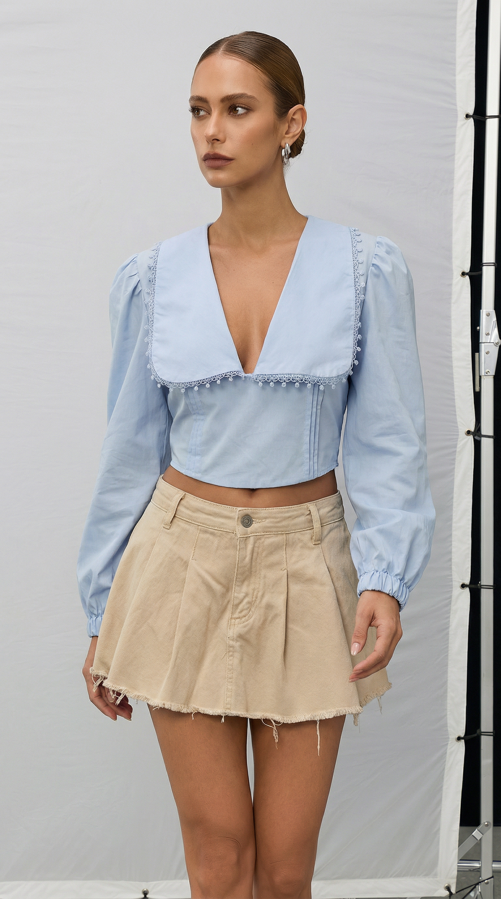 Dantel Yaka Detaylı Bebe Mavi Crop Gömlek