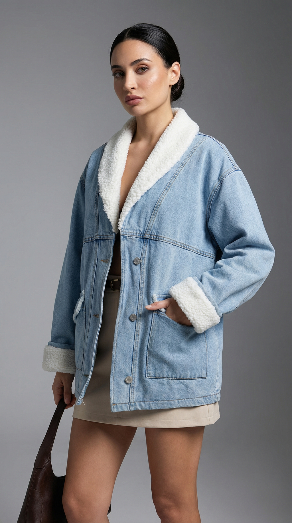 Krem Kürk Astarlı Oversize Kot Ceket