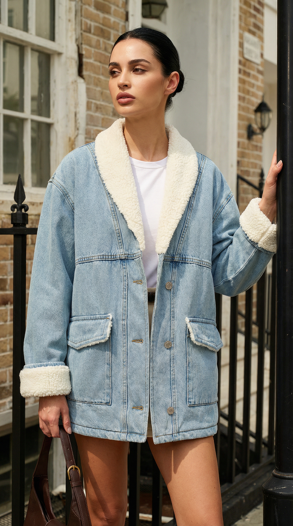 Krem Kürk Astarlı Oversize Kot Ceket