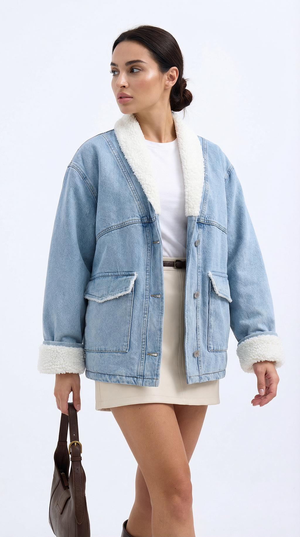 Krem Kürk Astarlı Oversize Kot Ceket