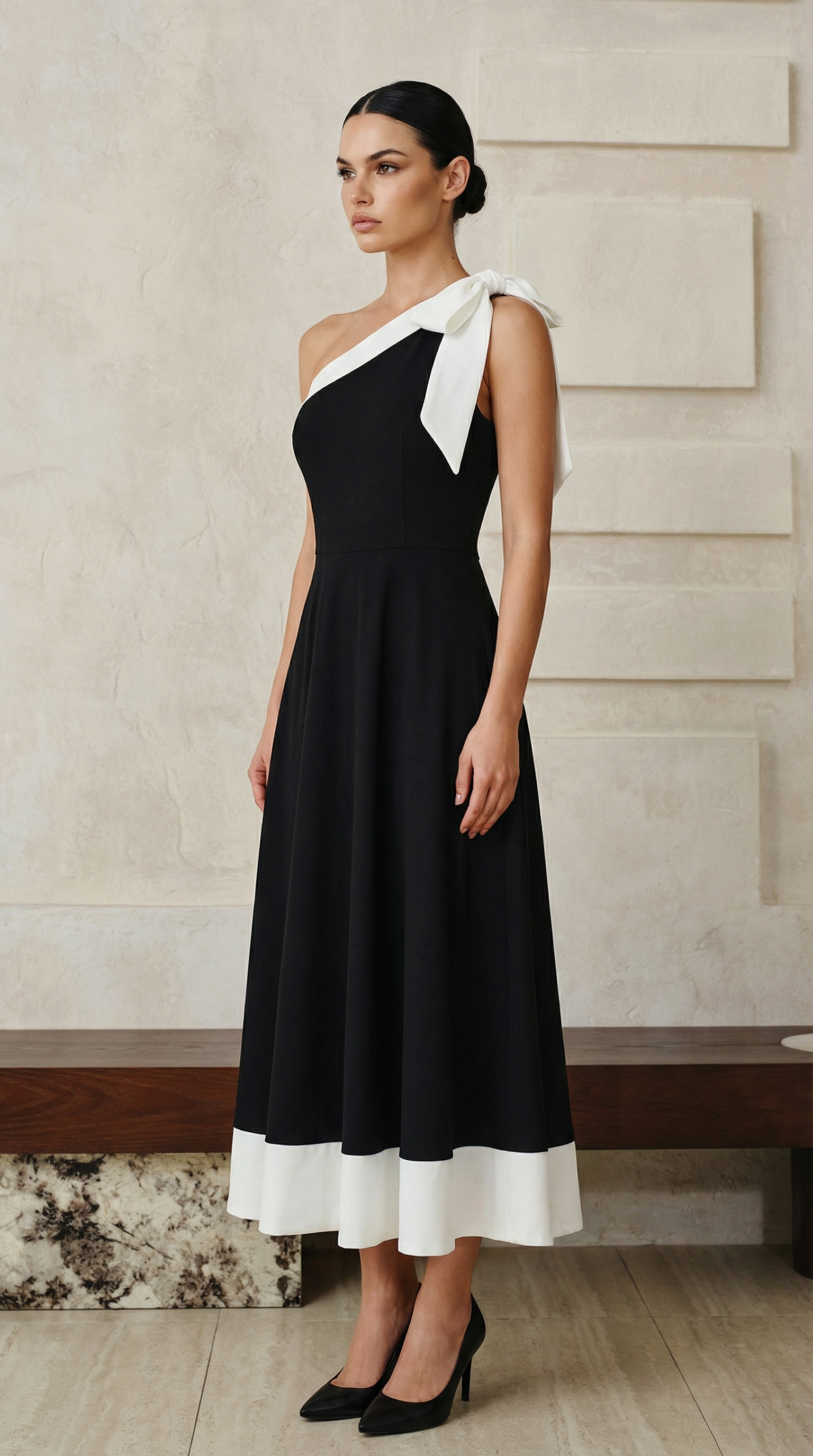 Tek Omuz Kurdele Detaylı Siyah Beyaz Midi Elbise