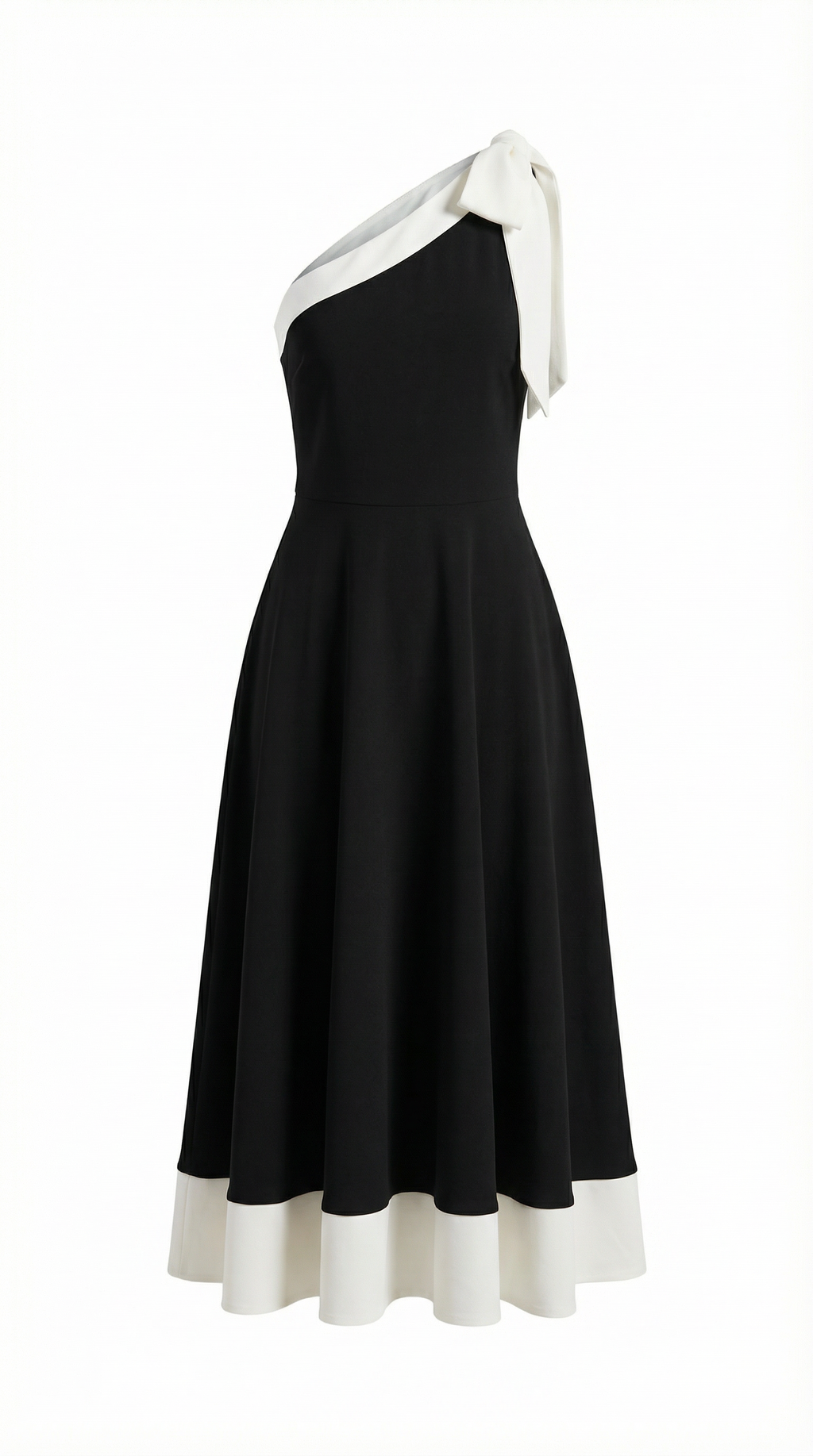 Tek Omuz Kurdele Detaylı Siyah Beyaz Midi Elbise