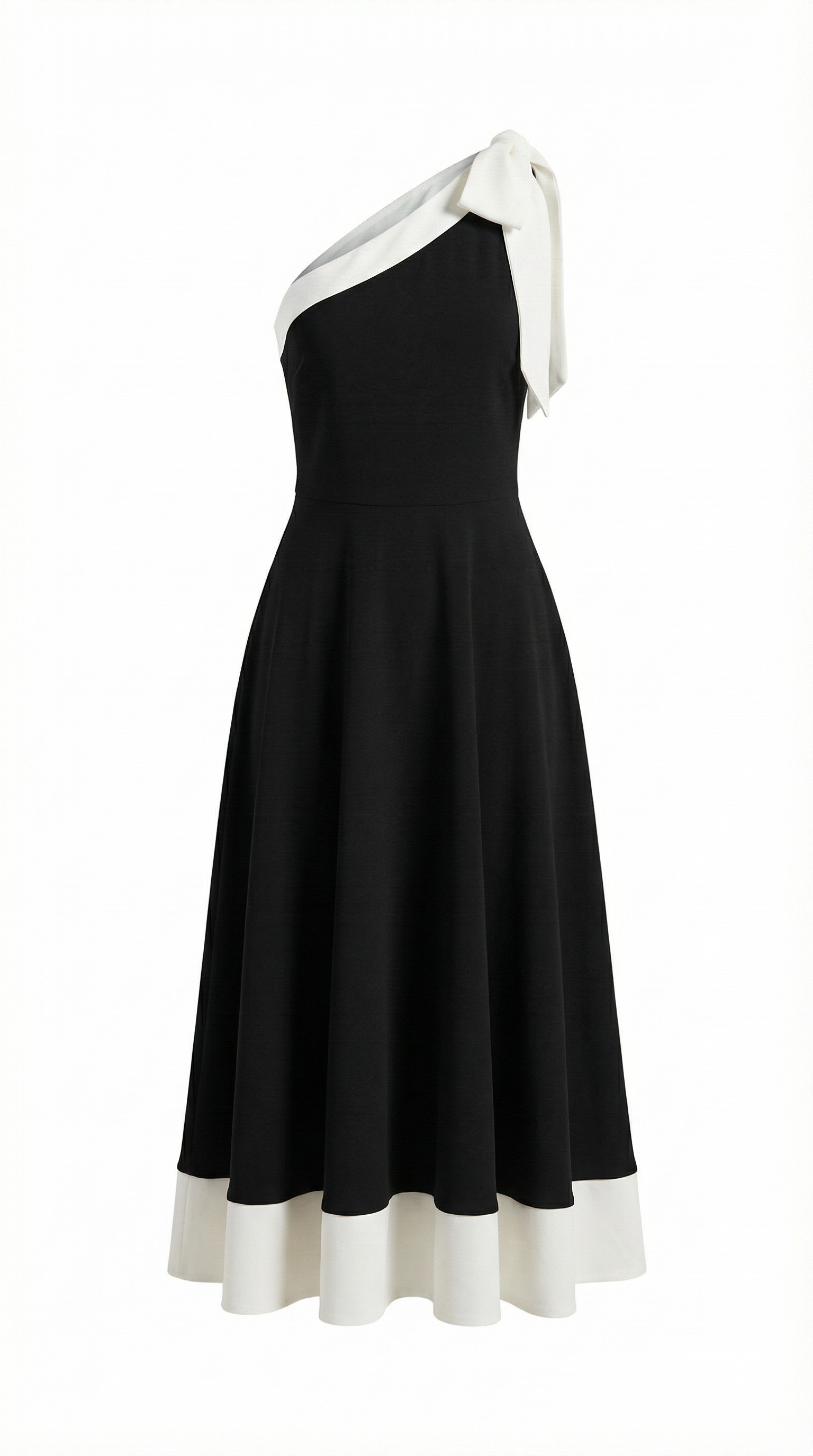 Tek Omuz Kurdele Detaylı Siyah Beyaz Midi Elbise