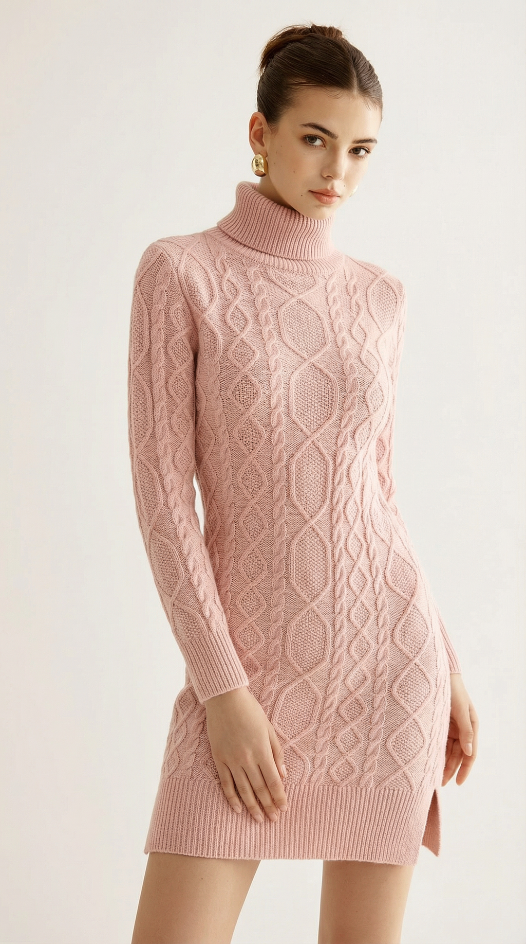 Motif Dokulu Pudra Yünlü Triko Elbise
