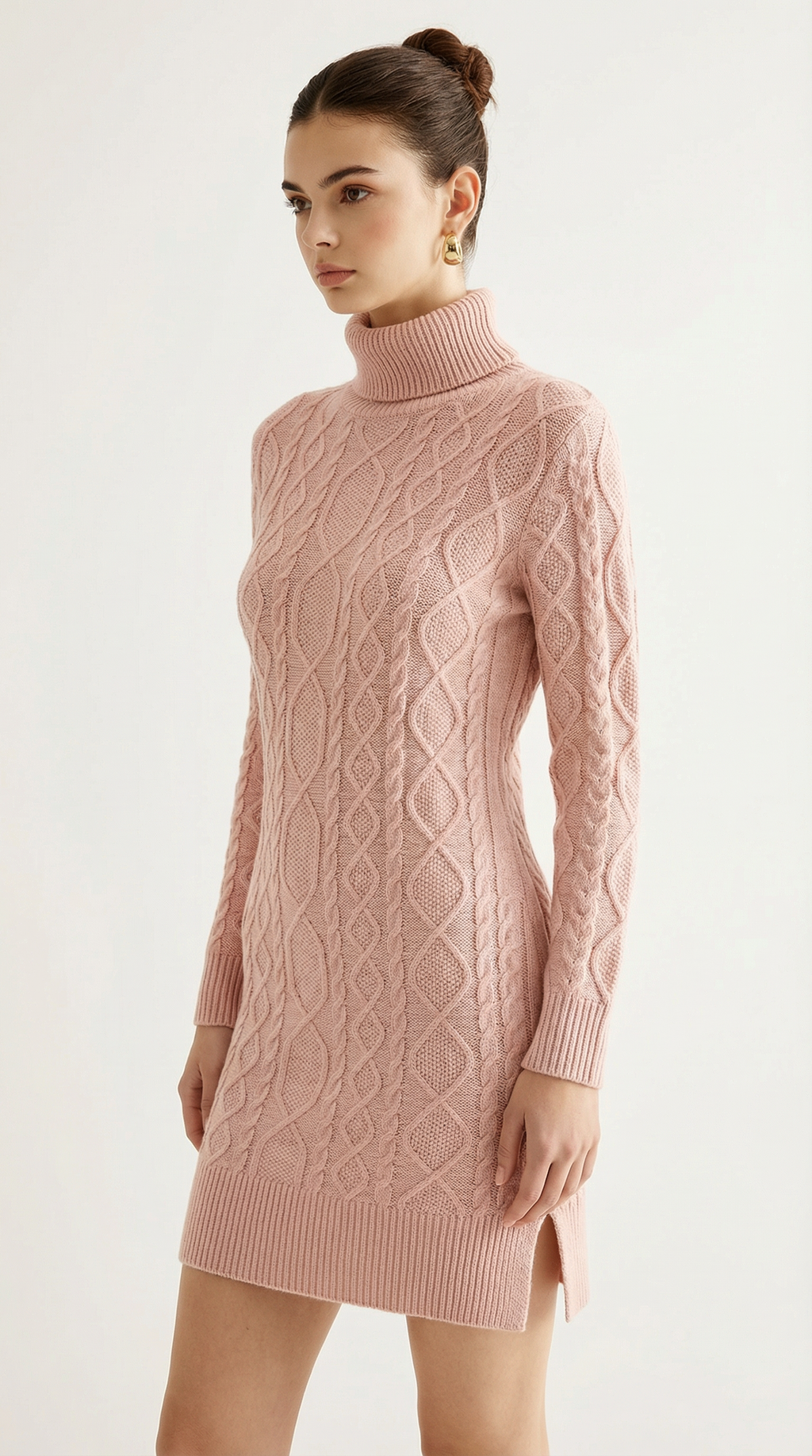 Motif Dokulu Pudra Yünlü Triko Elbise