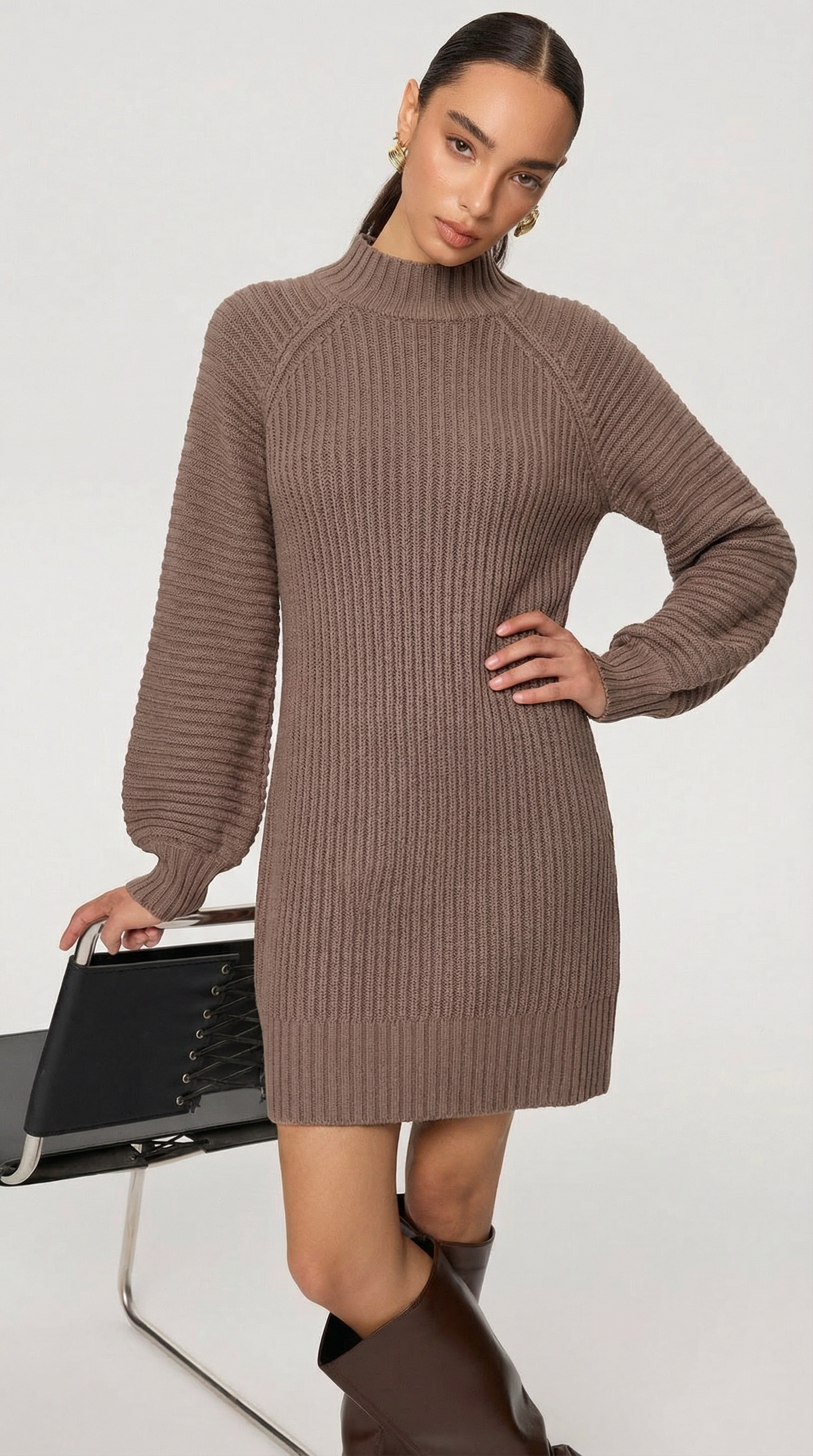 Kahverengi Balıkçı Yaka Triko Mini Elbise