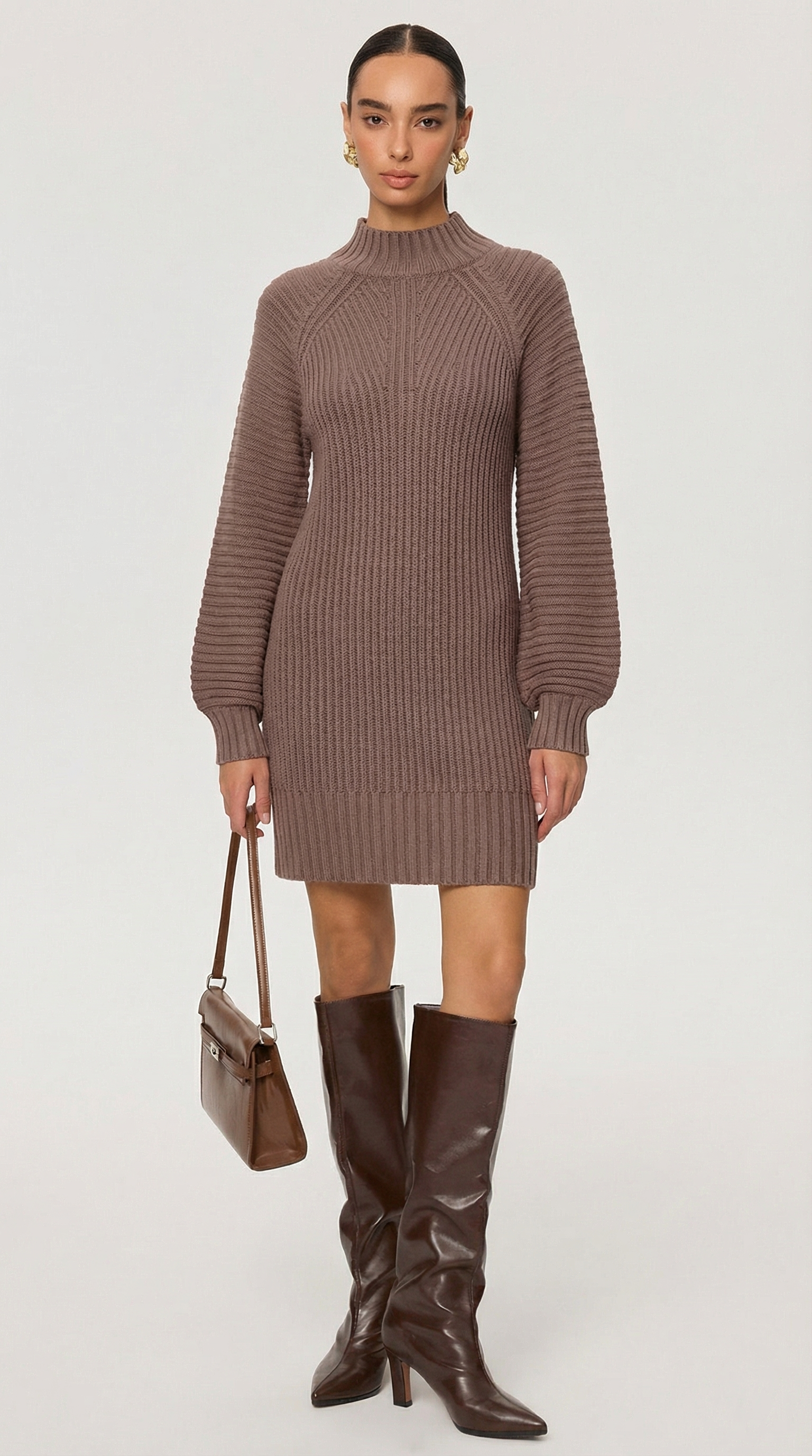 Kahverengi Balıkçı Yaka Triko Mini Elbise