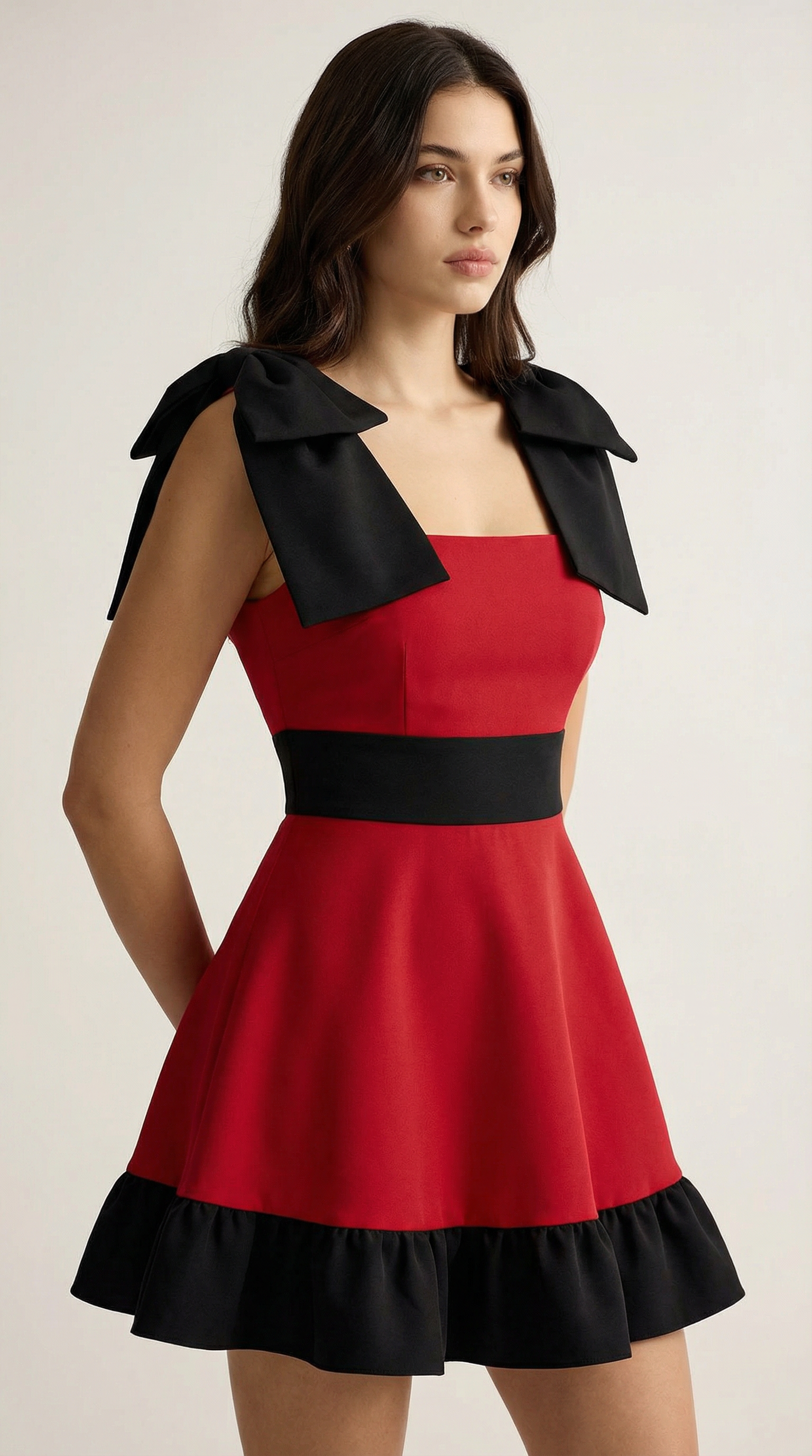 Kırmızı Siyah Omuz Fiyonklu Mini Elbise