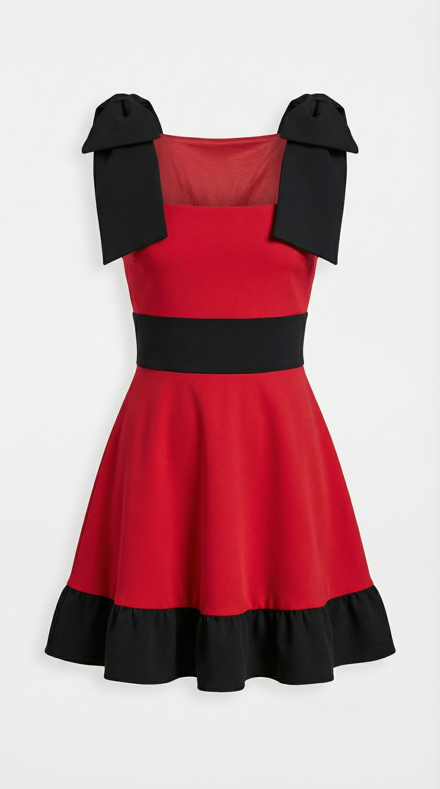 Kırmızı Siyah Omuz Fiyonklu Mini Elbise