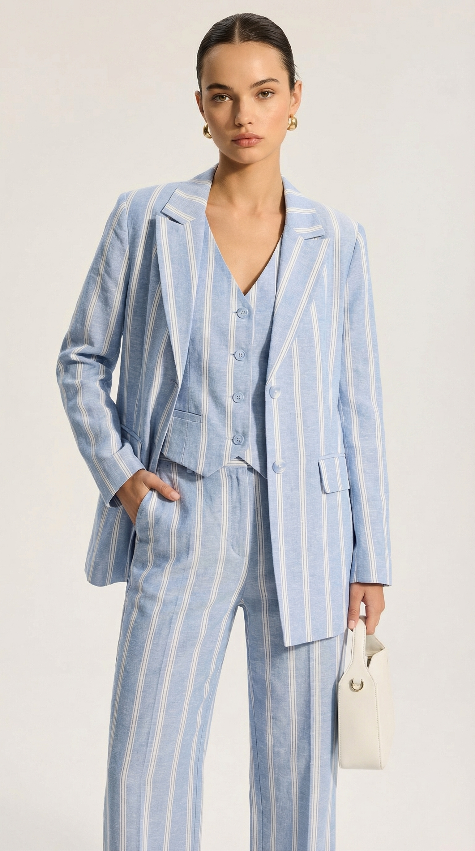 Mavi Çizgili Keten Ceket