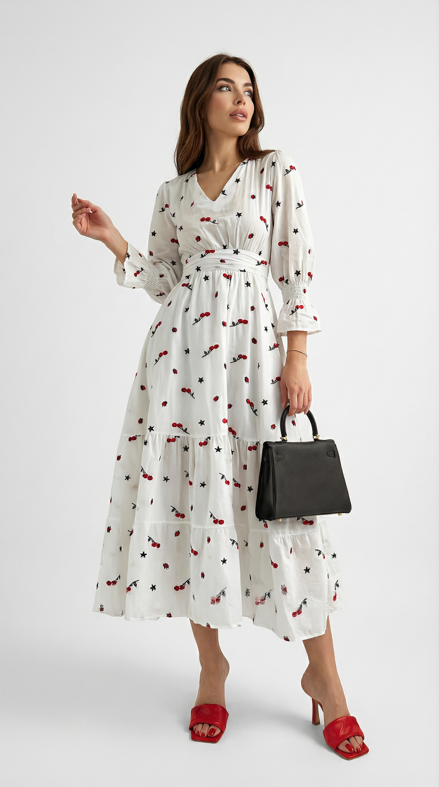 Kiraz Desenli Gipeli Beyaz Vual Elbise