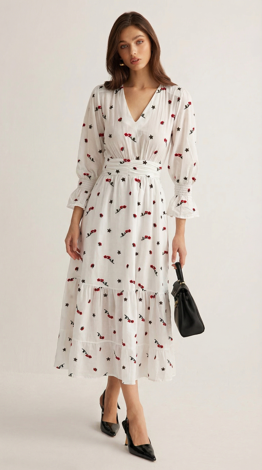 Kiraz Desenli Gipeli Beyaz Vual Elbise