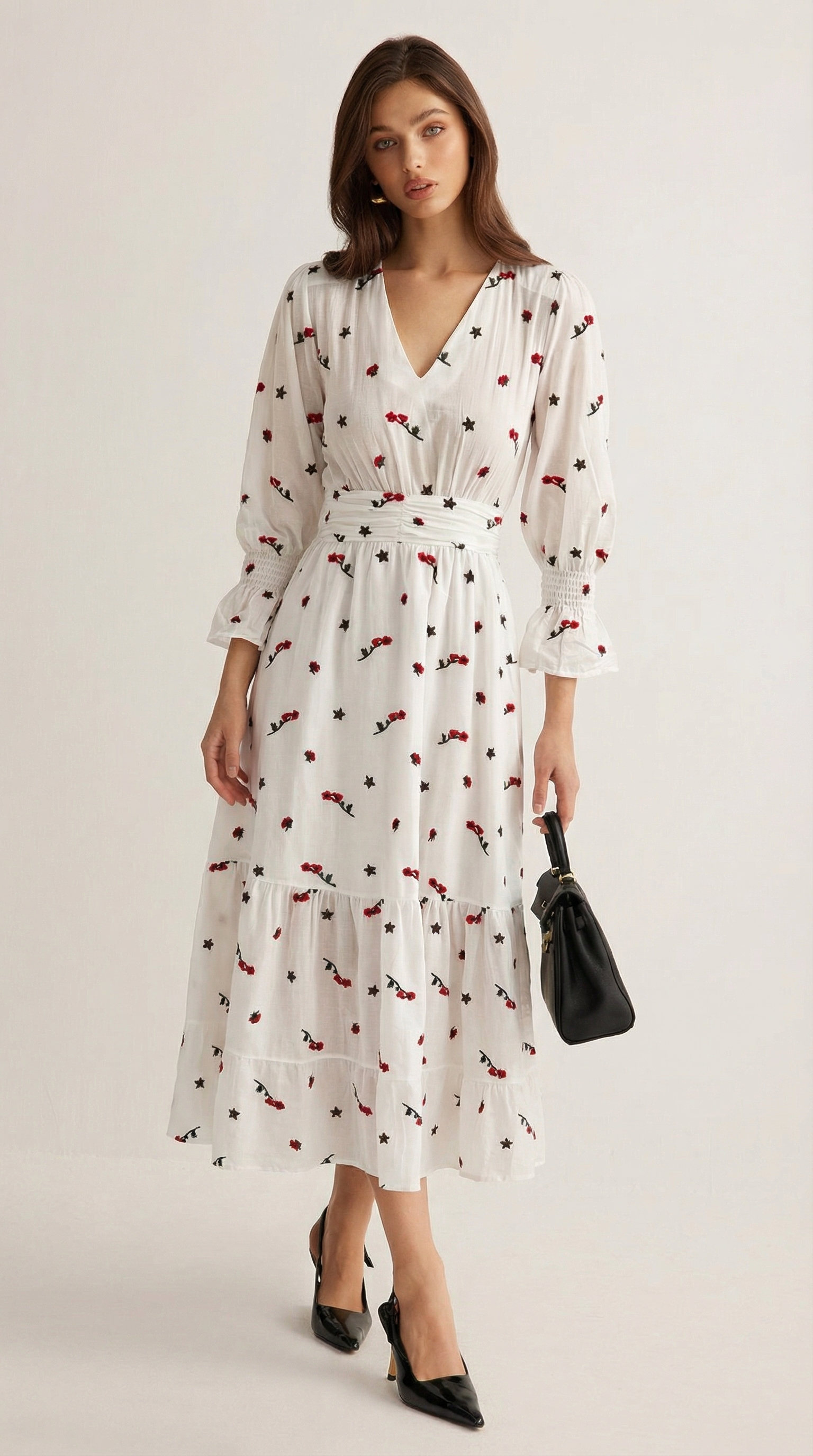 Kiraz Desenli Gipeli Beyaz Vual Elbise