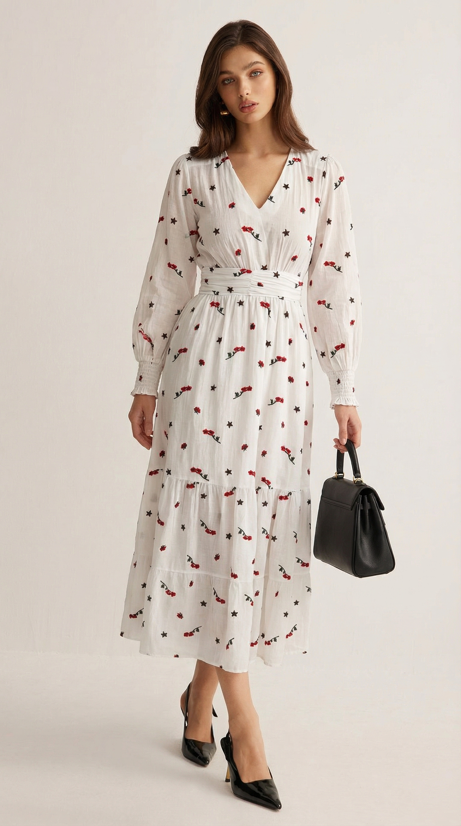 Kiraz Desenli Gipeli Beyaz Vual Elbise