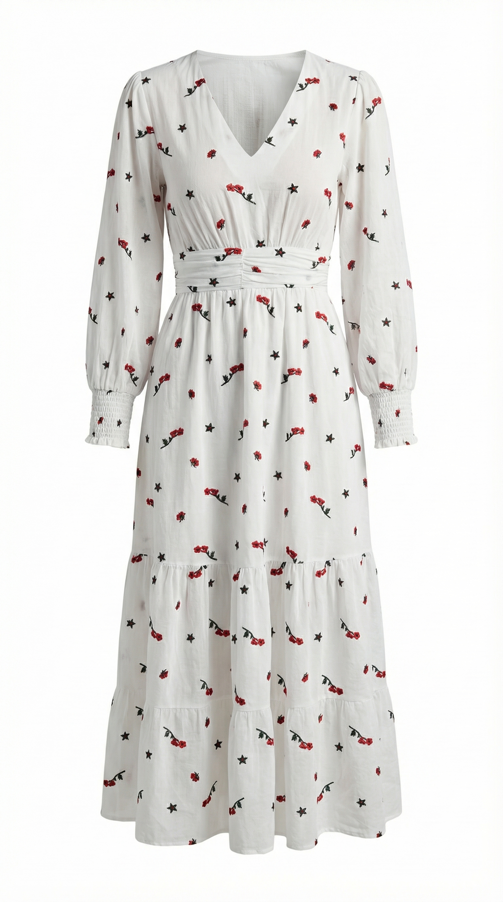 Kiraz Desenli Gipeli Beyaz Vual Elbise