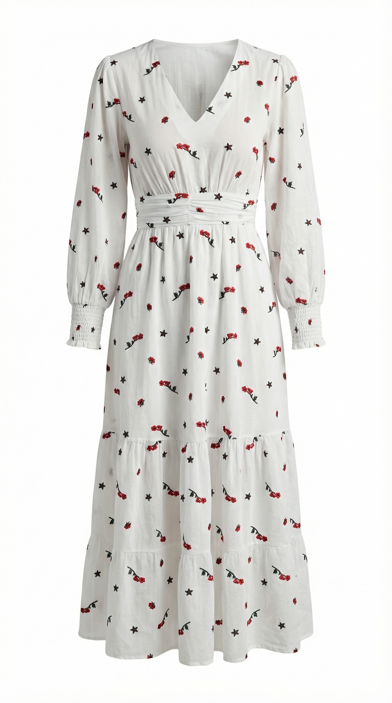 Kiraz Desenli Gipeli Beyaz Vual Elbise