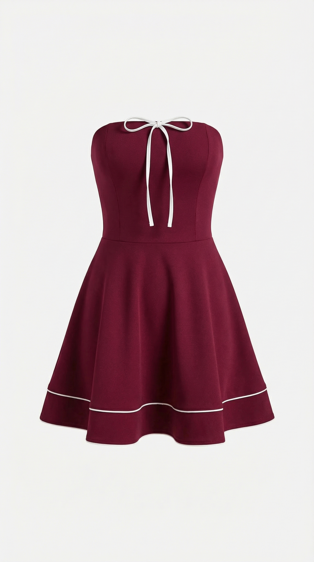 Şarap Rengi Kontrast Biye Detaylı Straplez Elbise