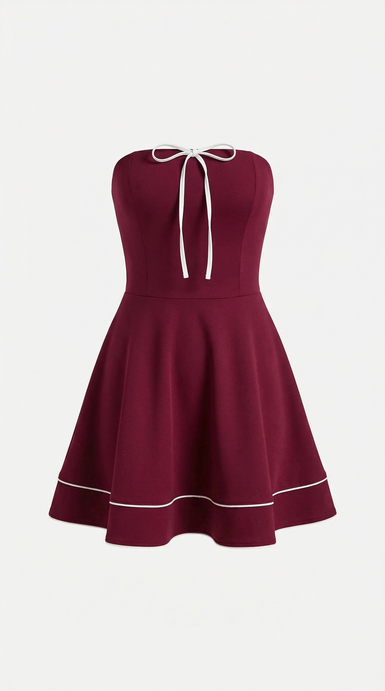 Şarap Rengi Kontrast Biye Detaylı Straplez Elbise