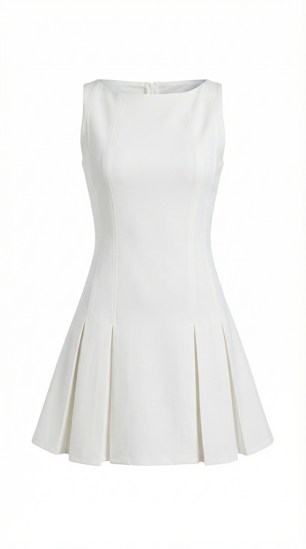Pileli Kolsuz Beyaz Mini Elbise