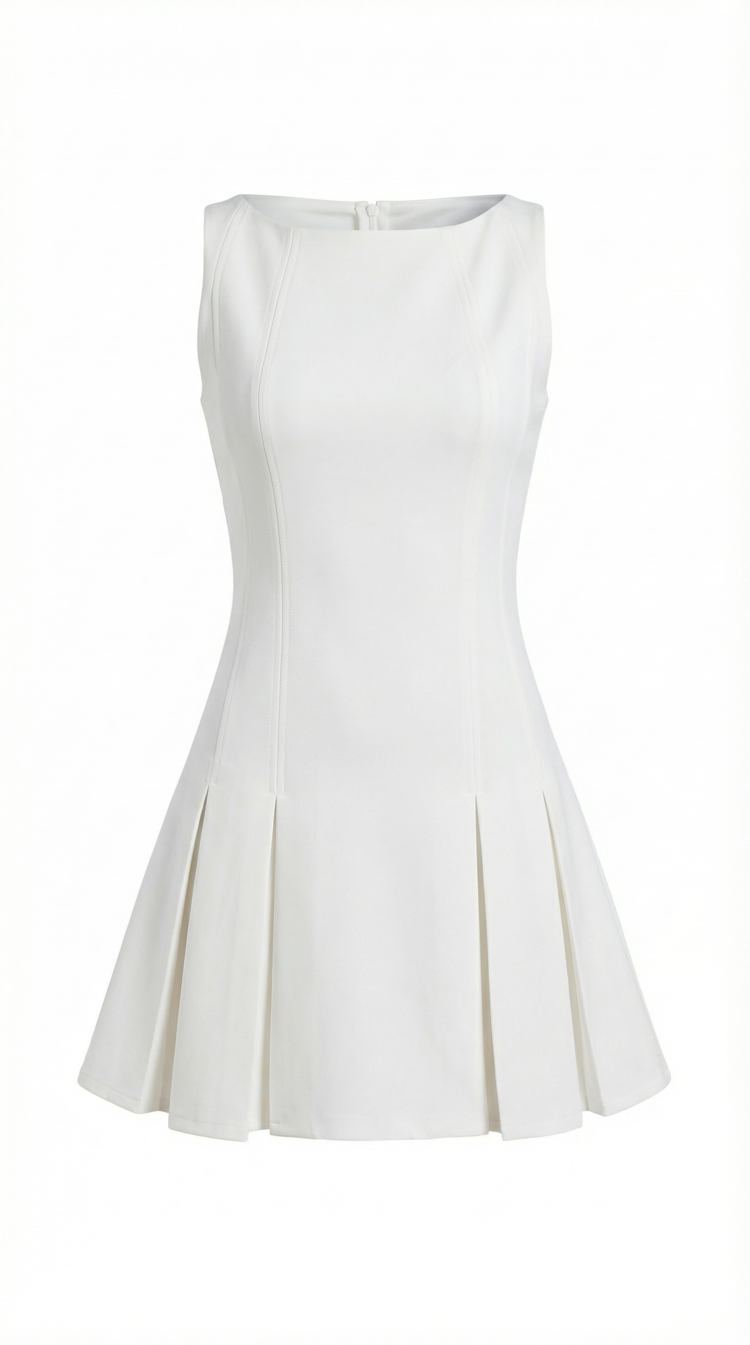 Pileli Kolsuz Beyaz Mini Elbise