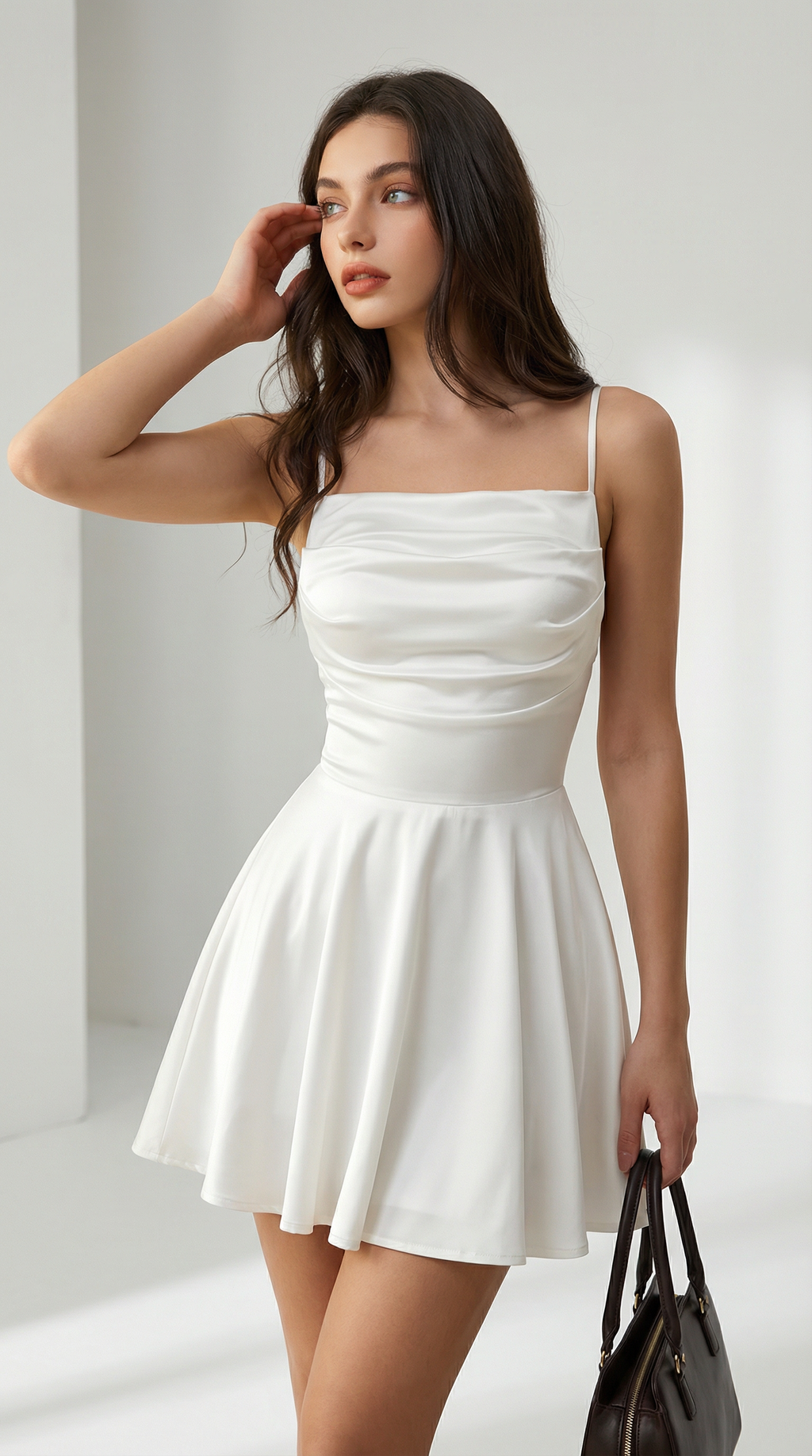 Beyaz Askılı Drapeli Mini Tulum Elbise