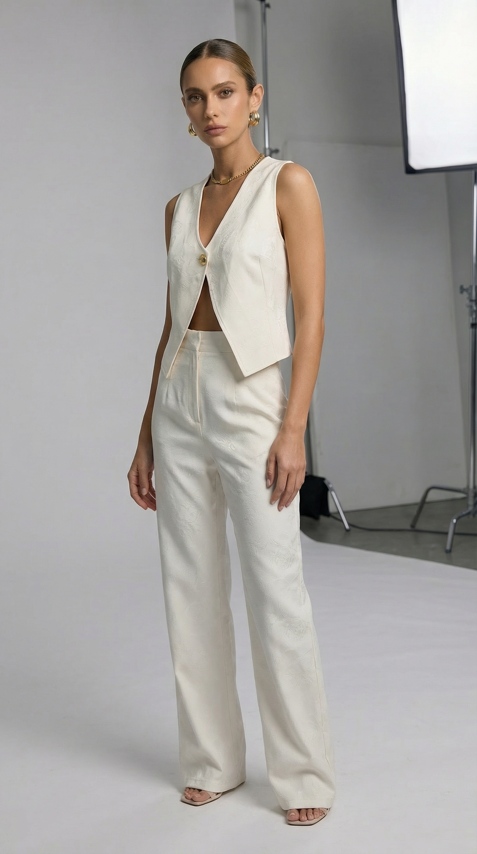 Desenli Keten Yelek-Pantolon Takım Beyaz