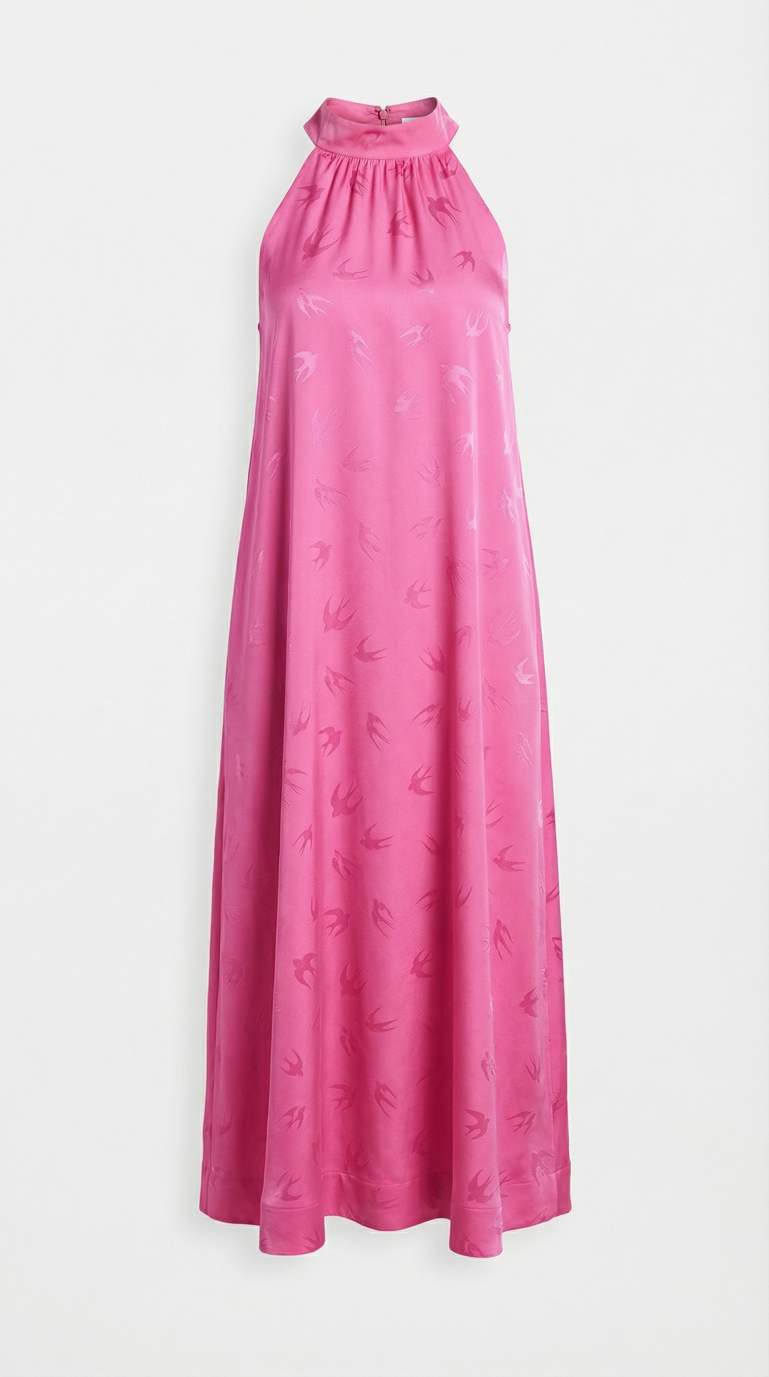 Pembe Halter Yaka Kuş Desenli Maxi Elbise