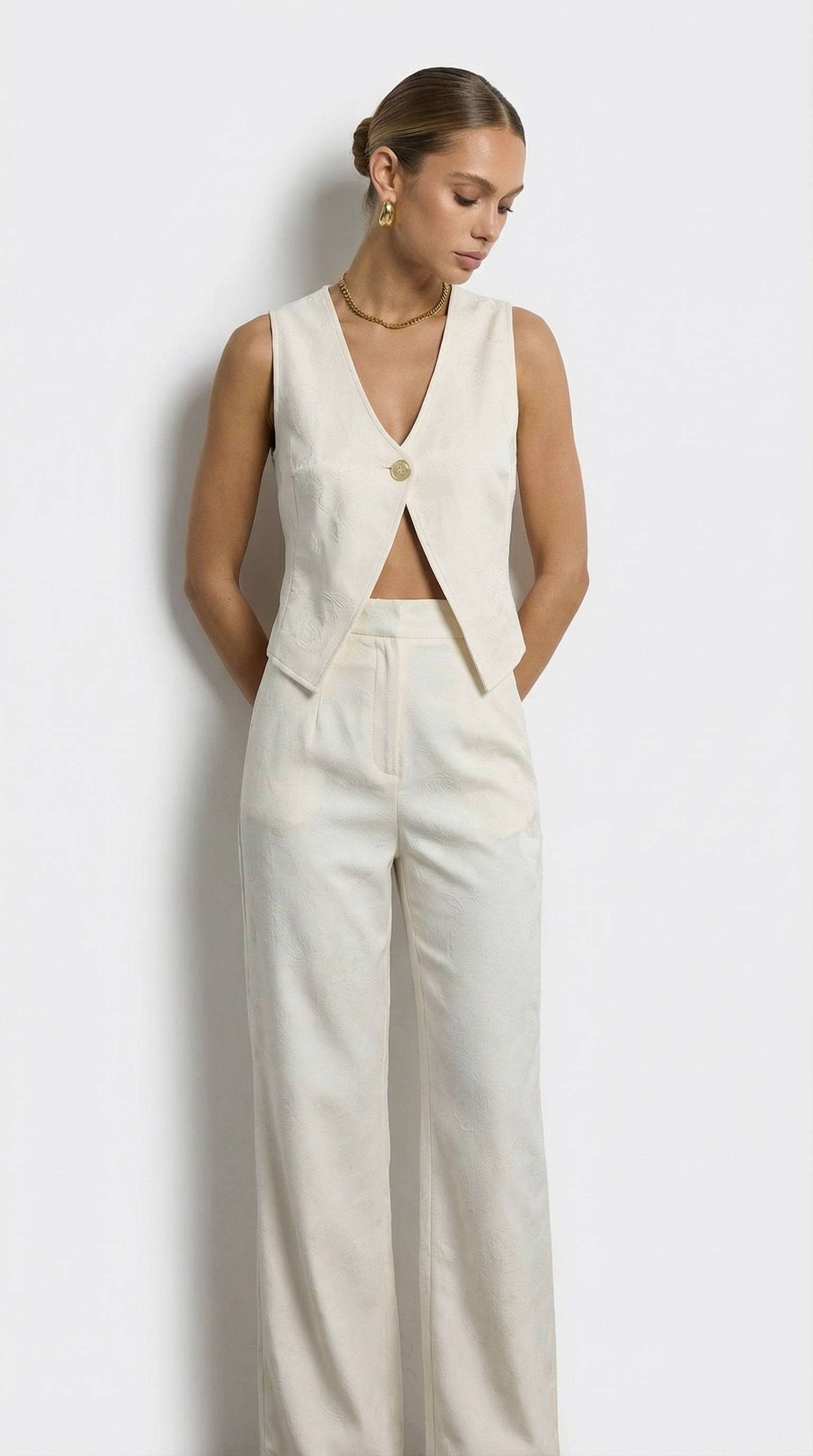 Desenli Keten Yelek-Pantolon Takım Beyaz