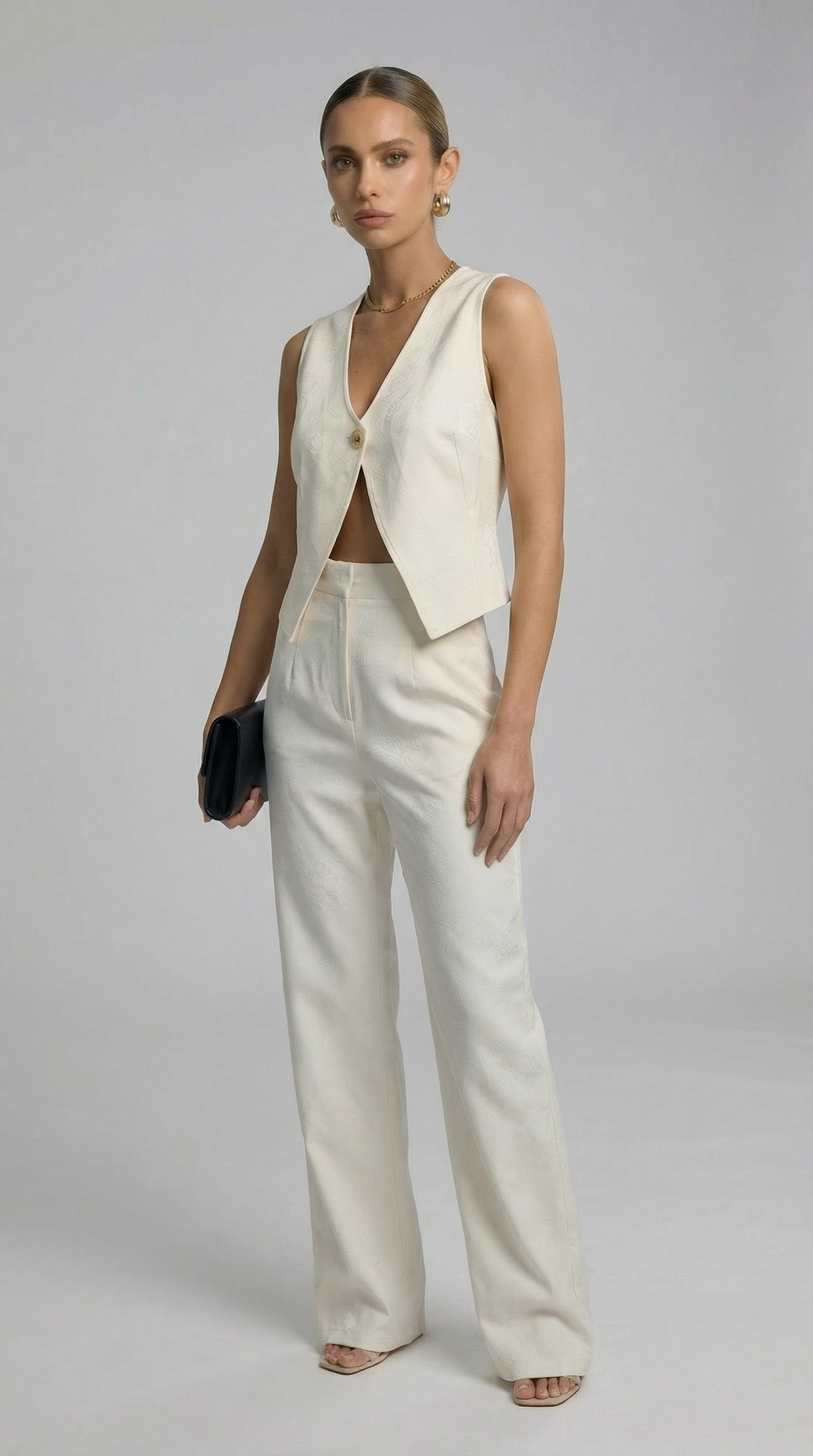 Desenli Keten Yelek-Pantolon Takım Beyaz