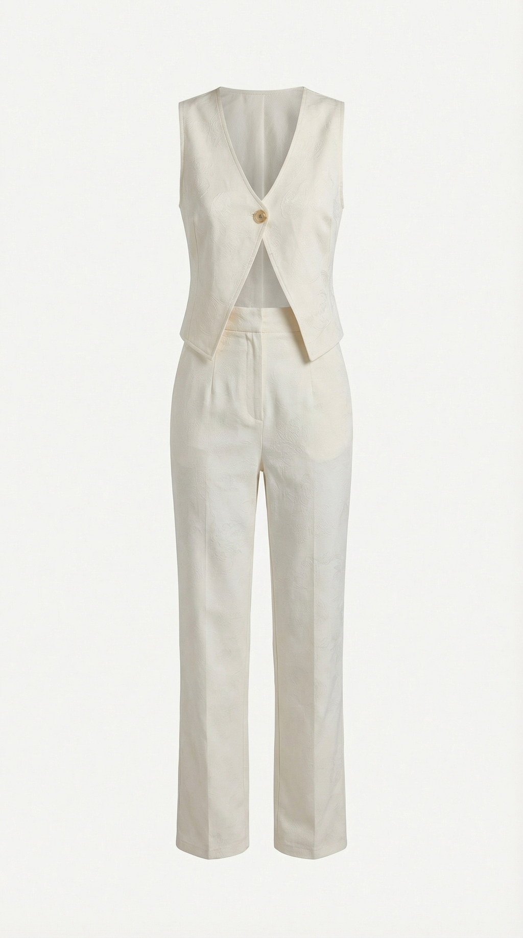 Desenli Keten Yelek-Pantolon Takım Beyaz