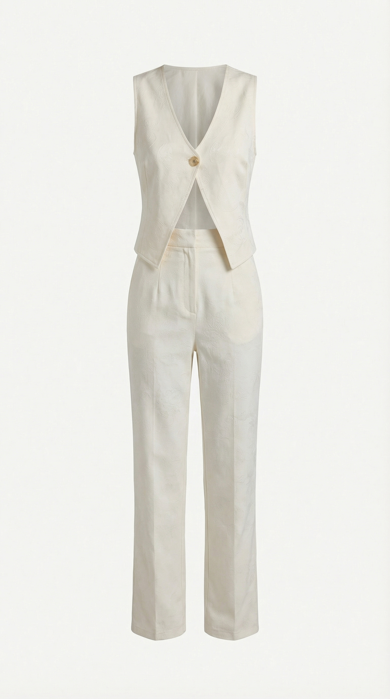 Desenli Keten Yelek-Pantolon Takım Beyaz