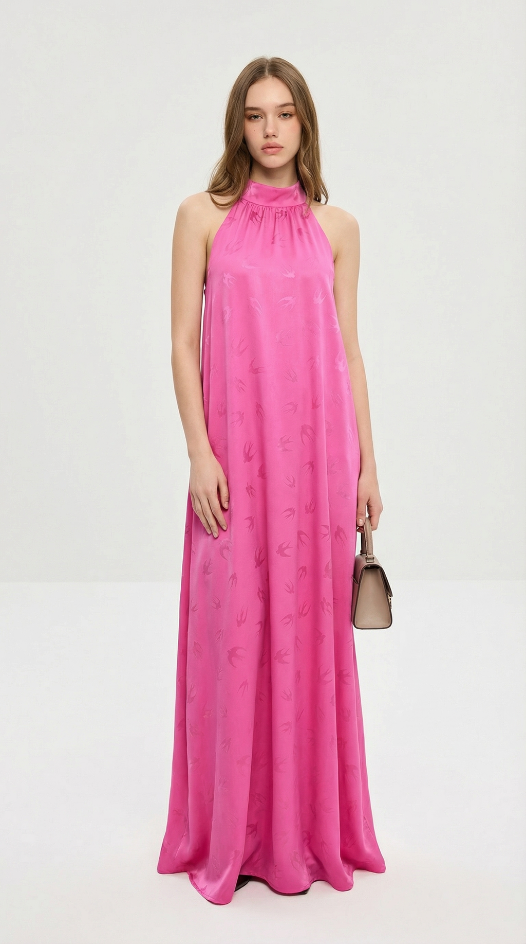 Pembe Halter Yaka Kuş Desenli Maxi Elbise