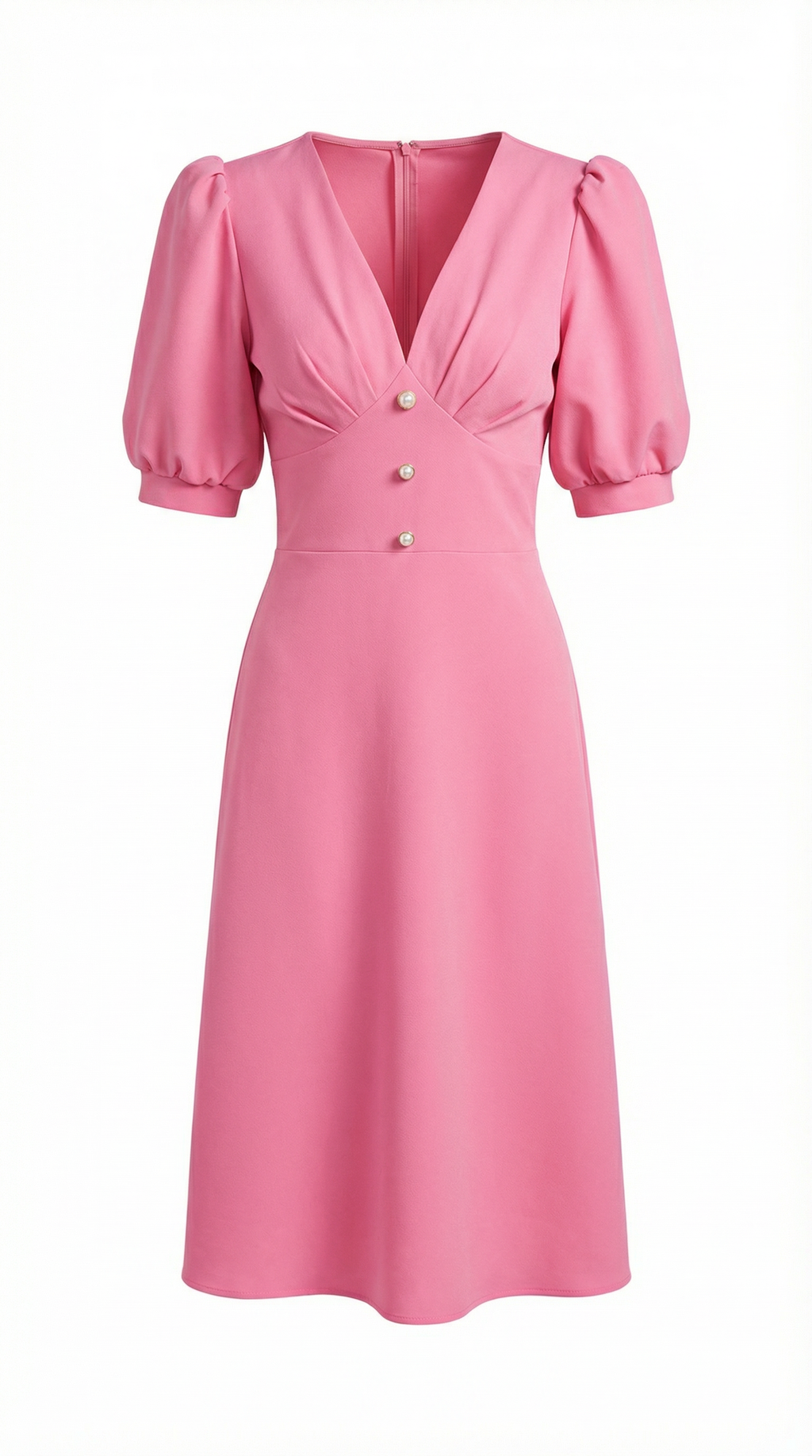 Pile Kollu Düğme Detaylı Pembe Midi Elbise