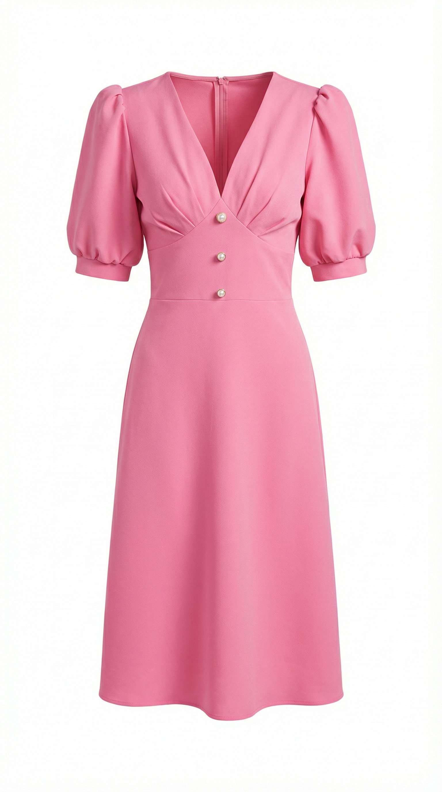 Pile Kollu Düğme Detaylı Pembe Midi Elbise