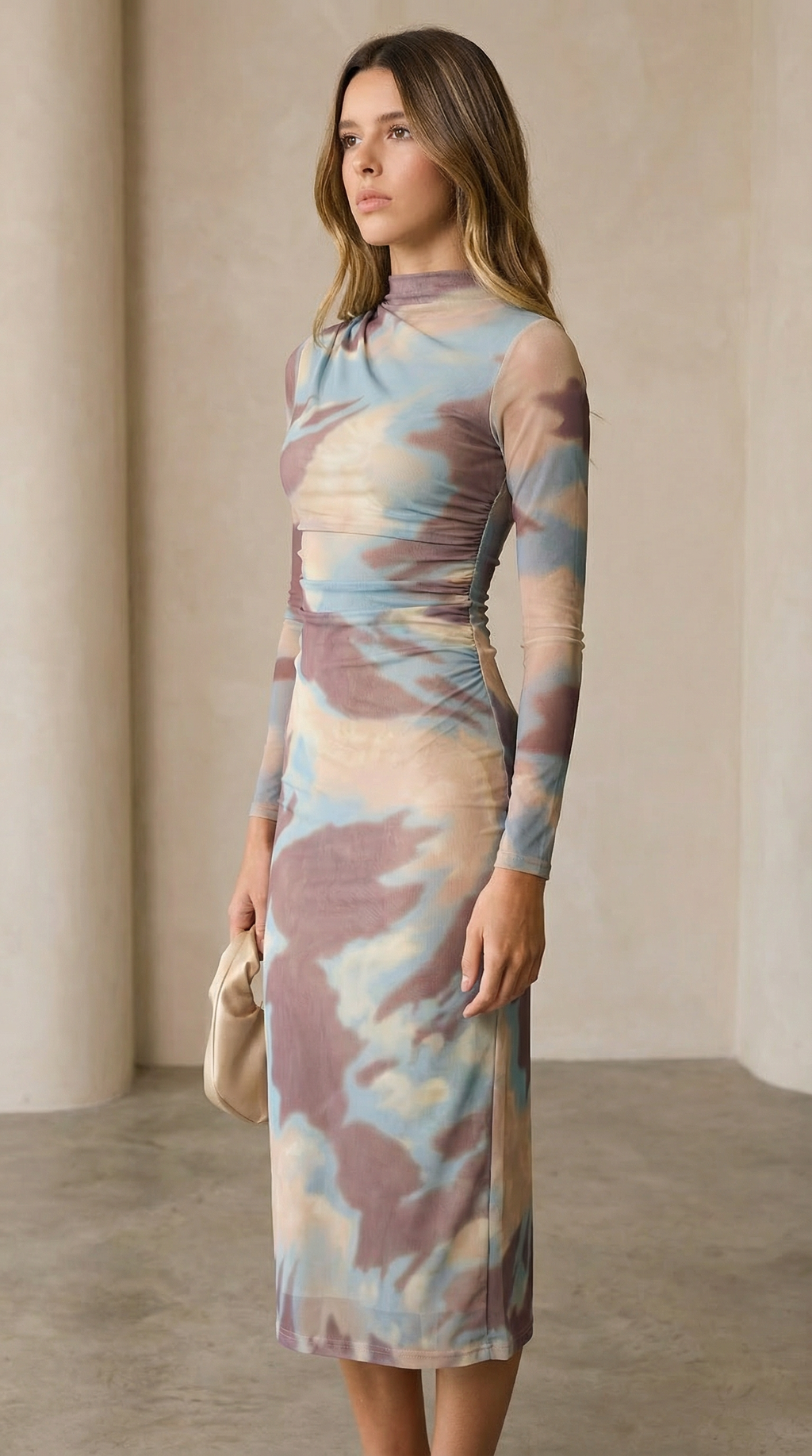 Bulut Desenli Tül Midi Elbise