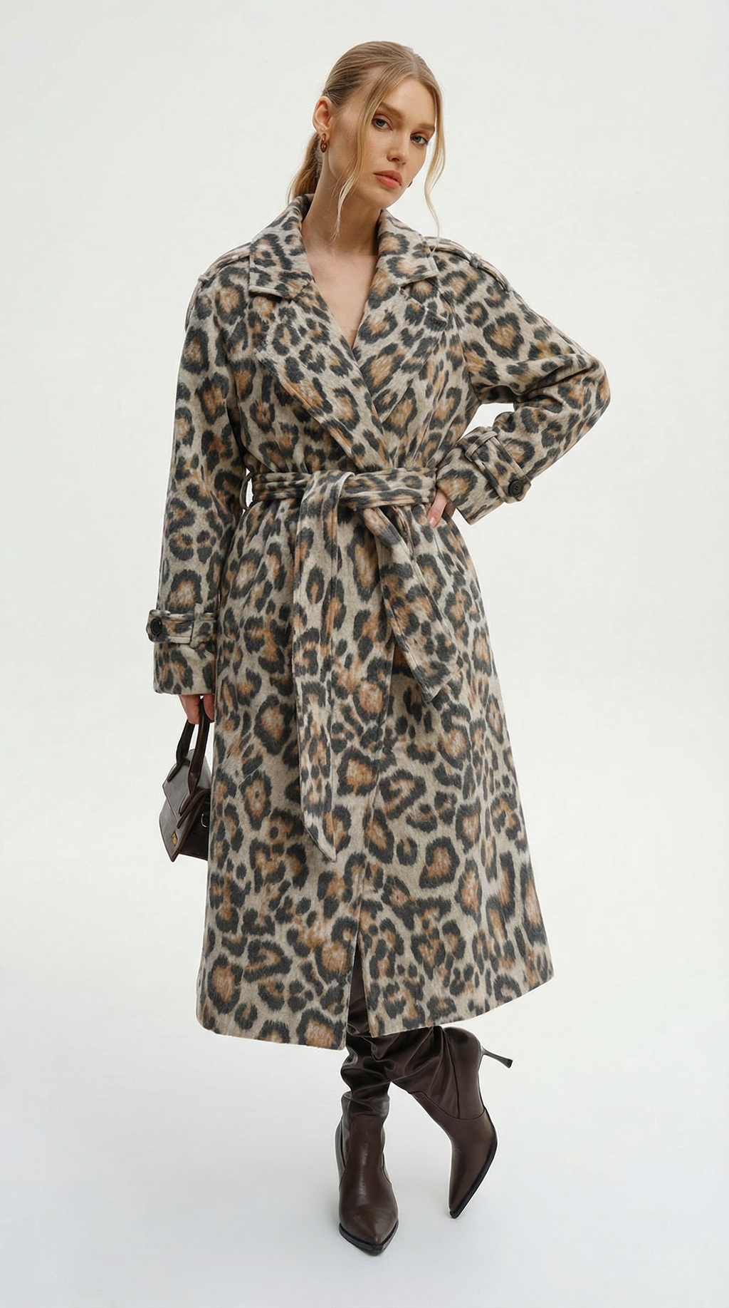 Kuşaklı Leopar Desenli Uzun Kaban