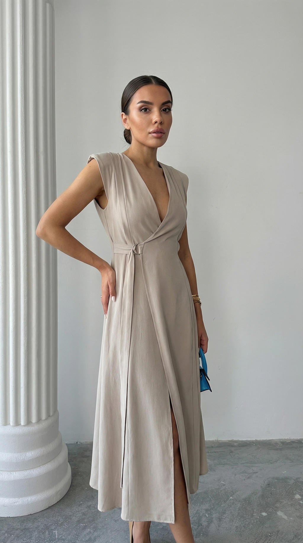 Bej Kruvaze Modal Kolsuz Elbise