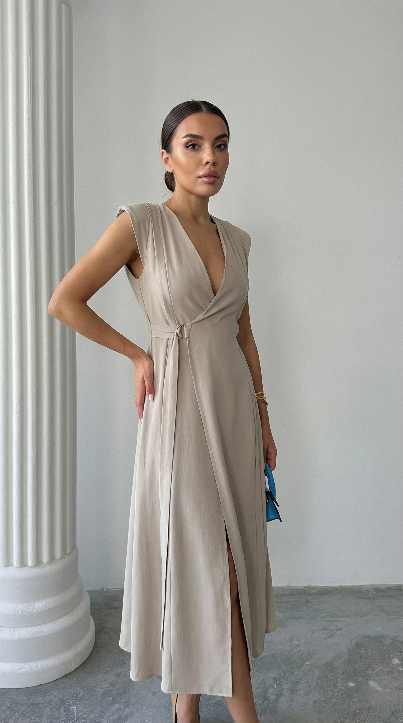 Bej Kruvaze Modal Kolsuz Elbise